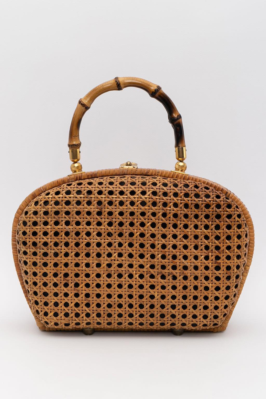 Brown Wicker and bamboo bag For Sale