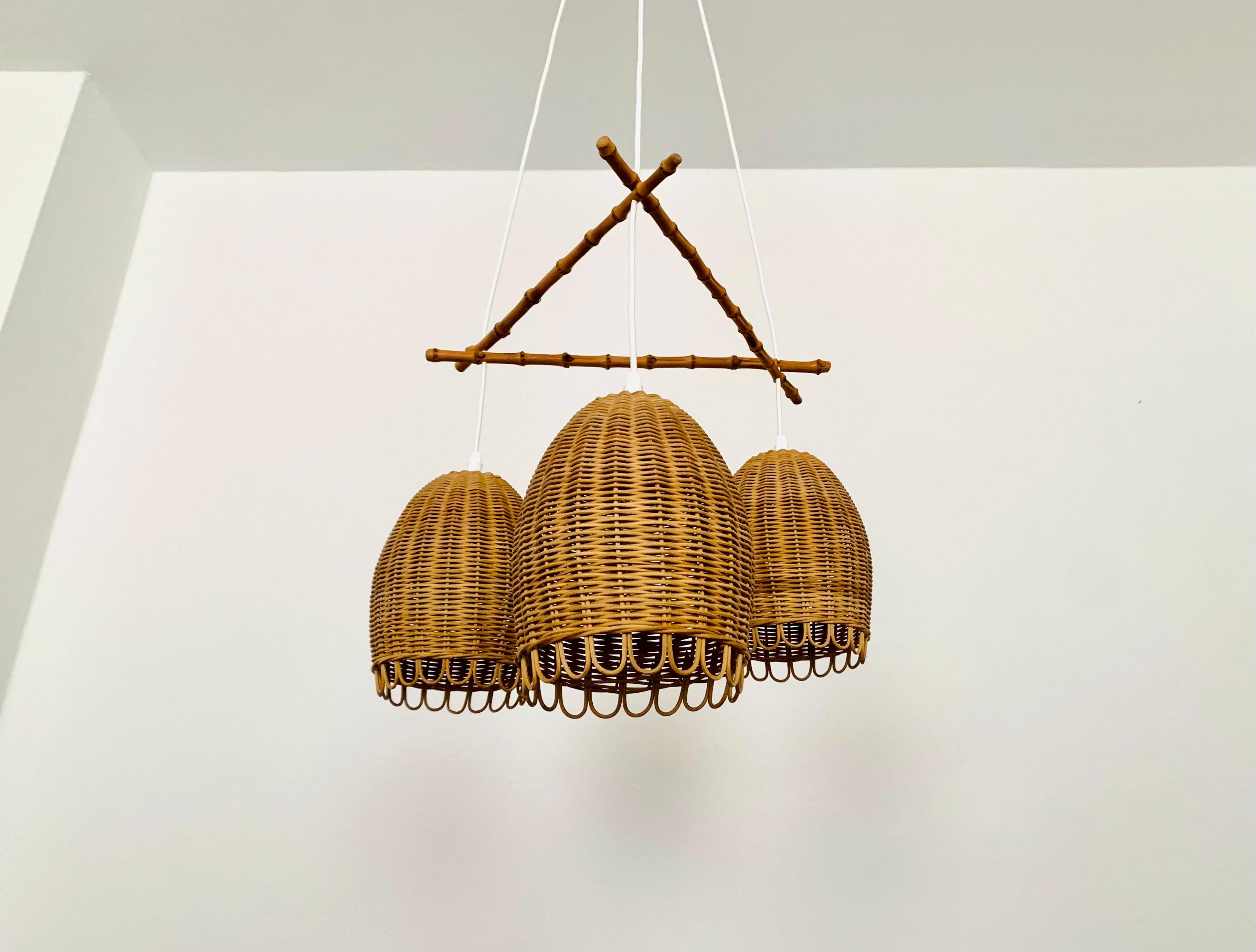 Mid-Century Modern Wicker and Bamboo Cascading Lamp For Sale