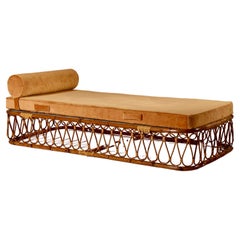 Wicker and bamboo daybed with padded mattress, velvet upholstery, Italy, 1960s