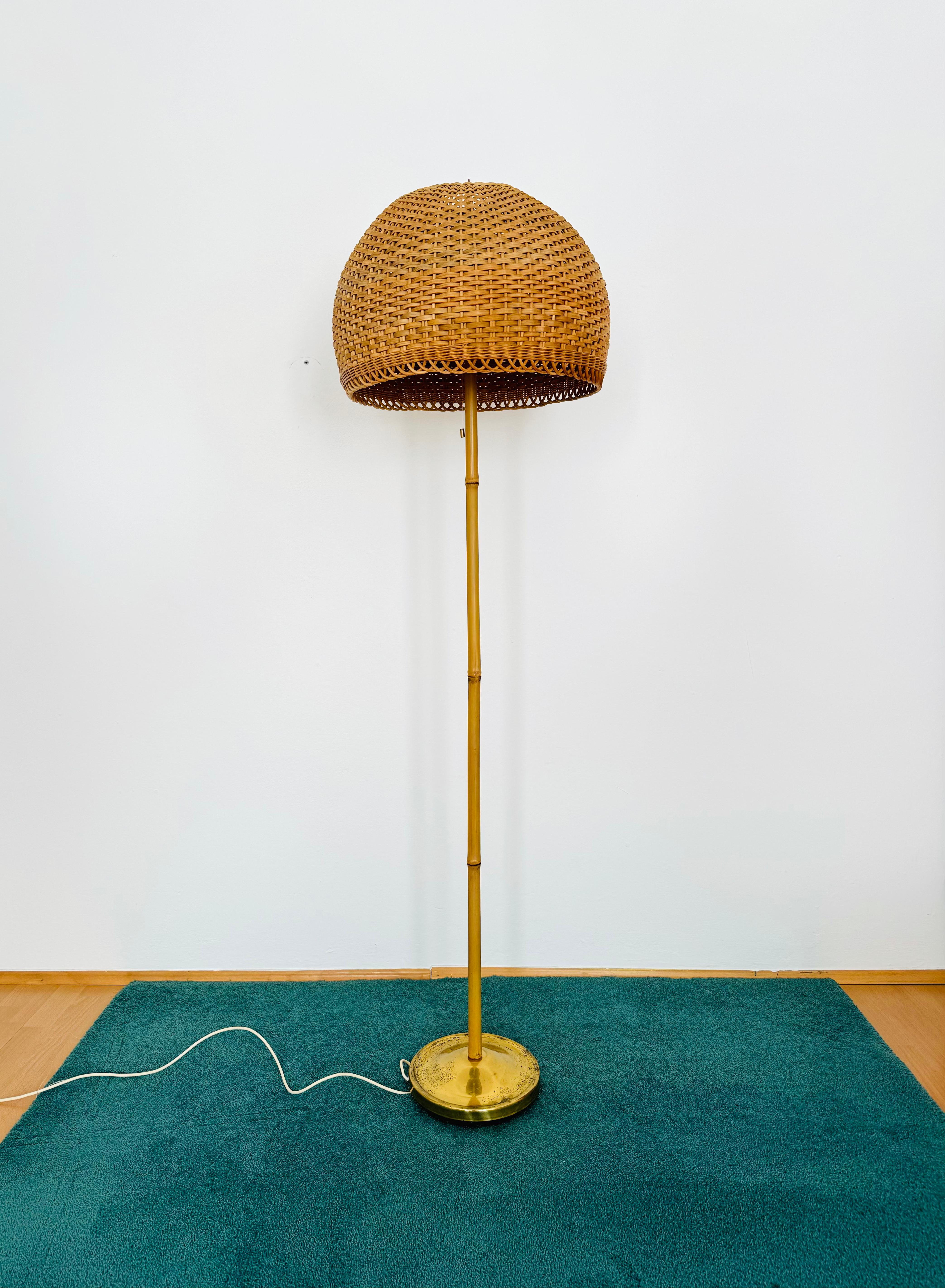 German Wicker and Bamboo Floor Lamp by J.T. Kalmar For Sale