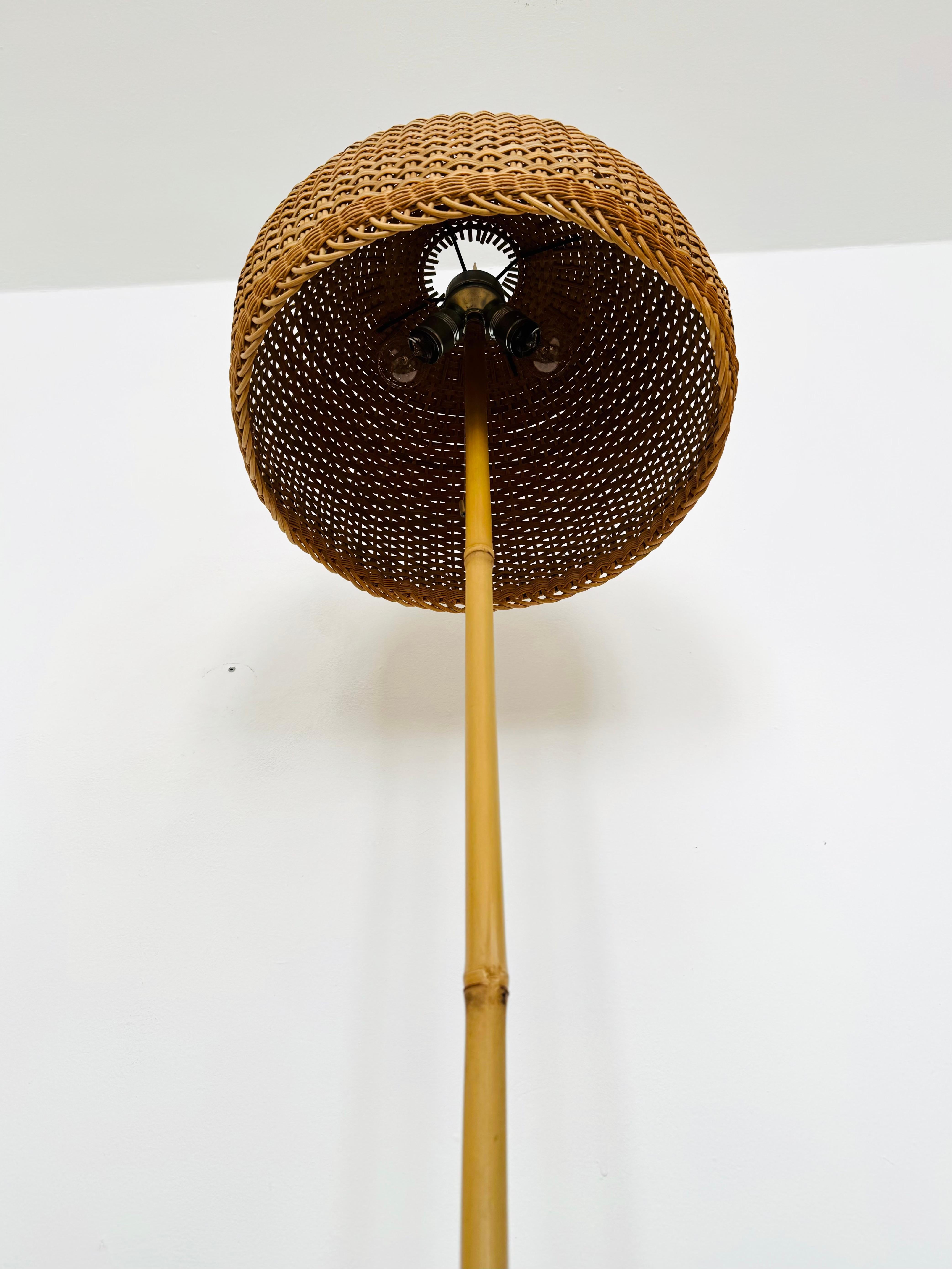 Mid-20th Century Wicker and Bamboo Floor Lamp by J.T. Kalmar For Sale