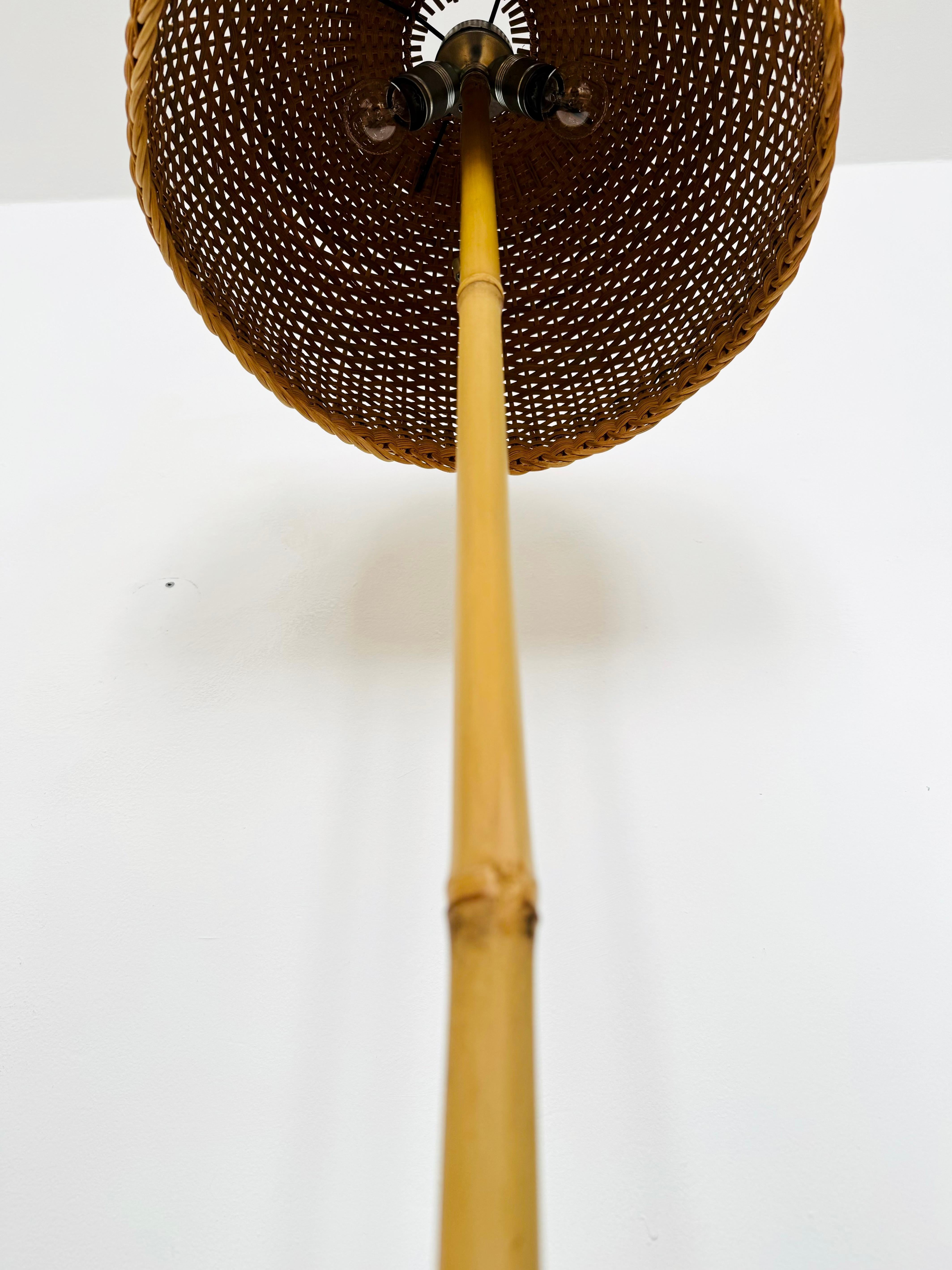 Brass Wicker and Bamboo Floor Lamp by J.T. Kalmar For Sale