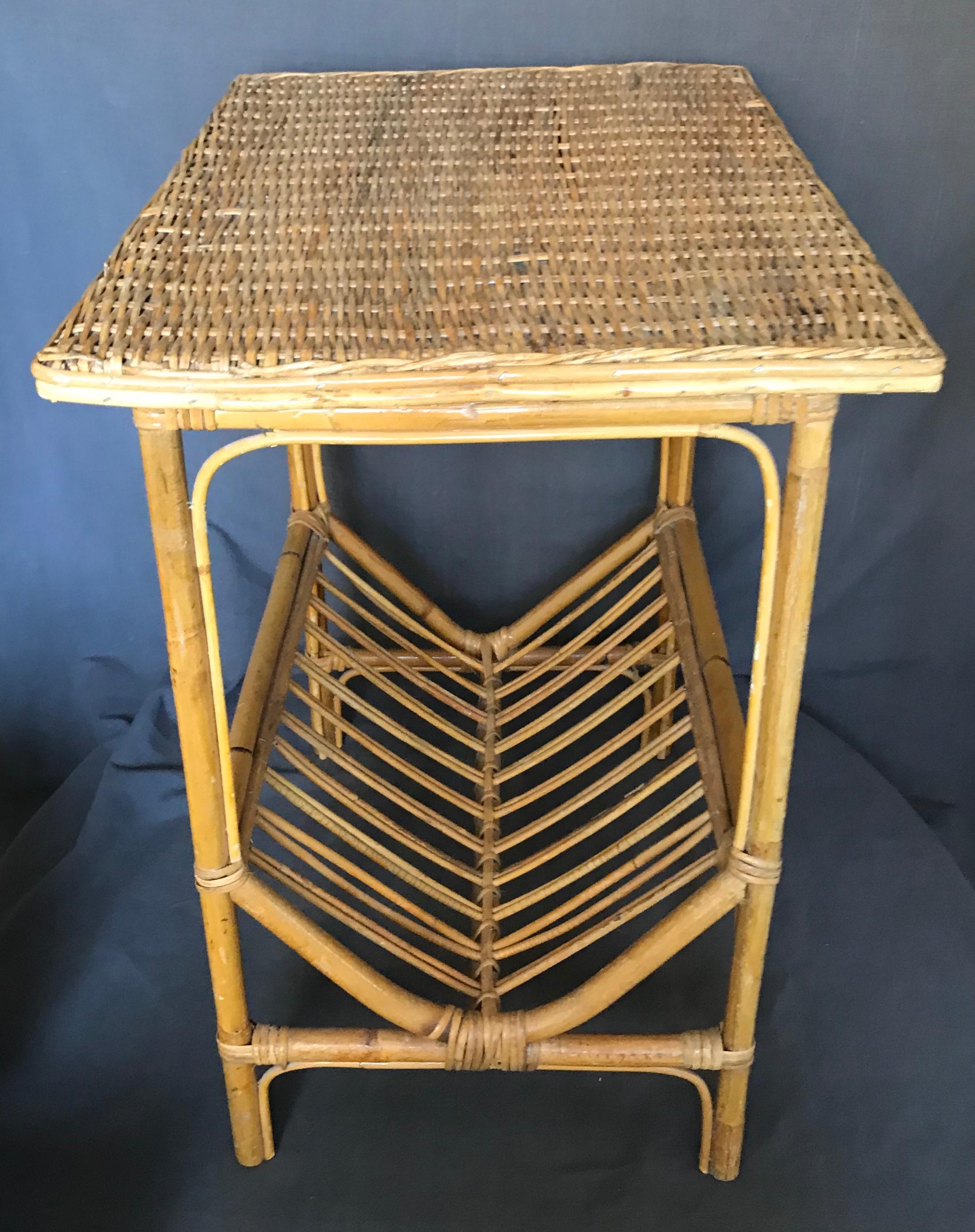 Mid-Century Modern Wicker and Bamboo Side Table