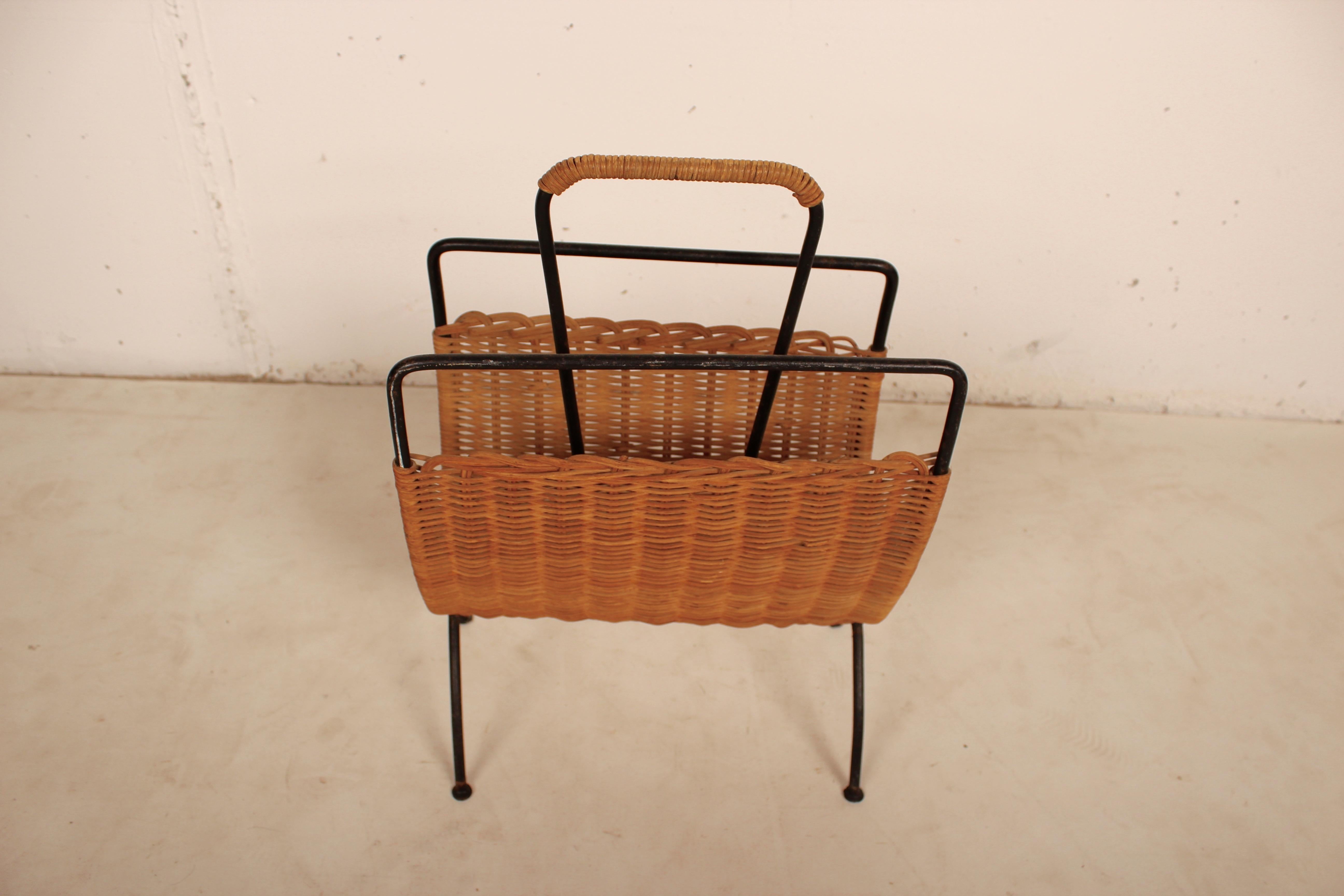 French Wicker and Black Metal Magazine Holder by Raoul Guys, France, 1950