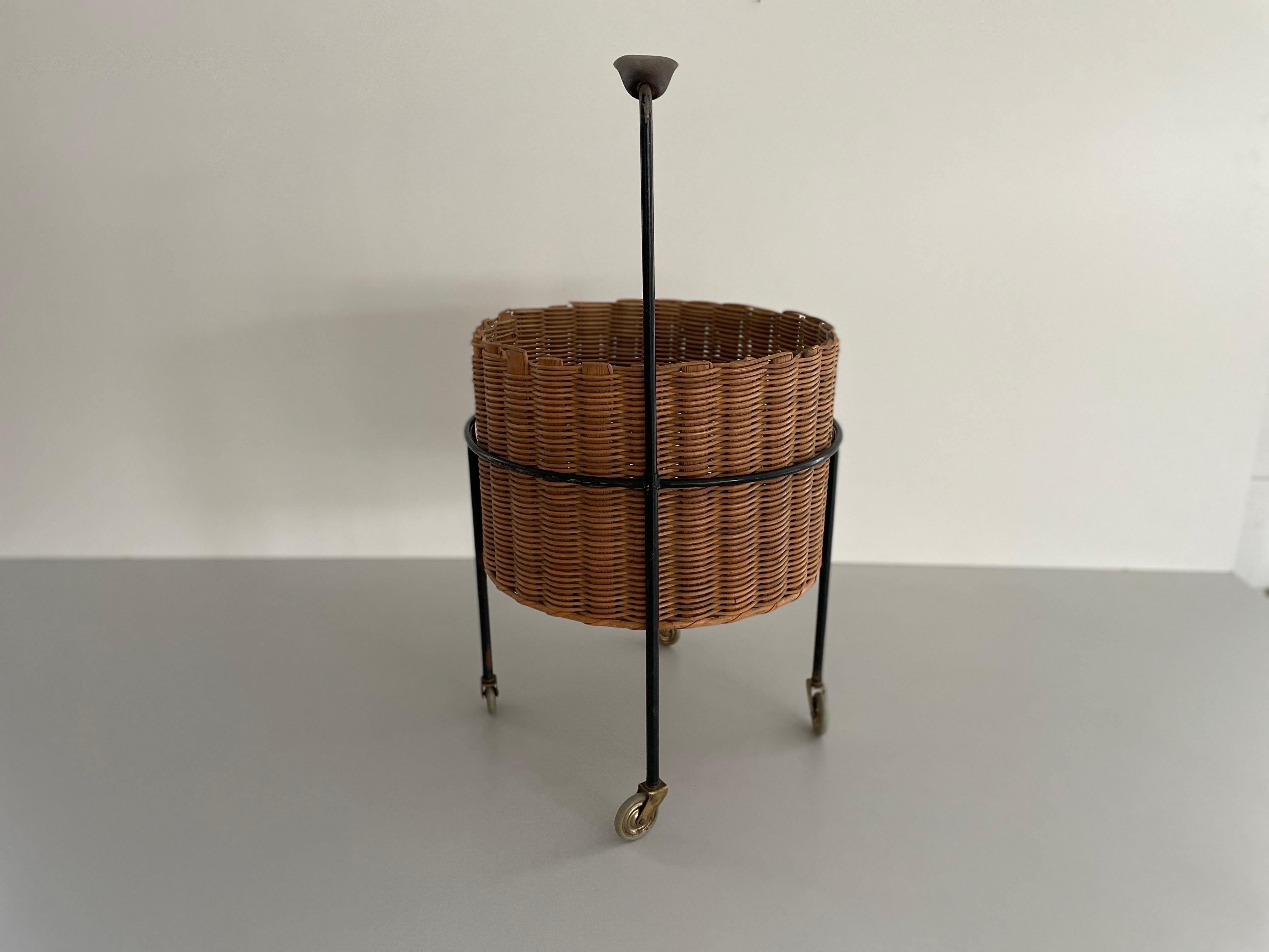 Mid-20th Century Wicker and Black Metal Serving Bar Cart Bottle Holder, 1960s, Germany For Sale
