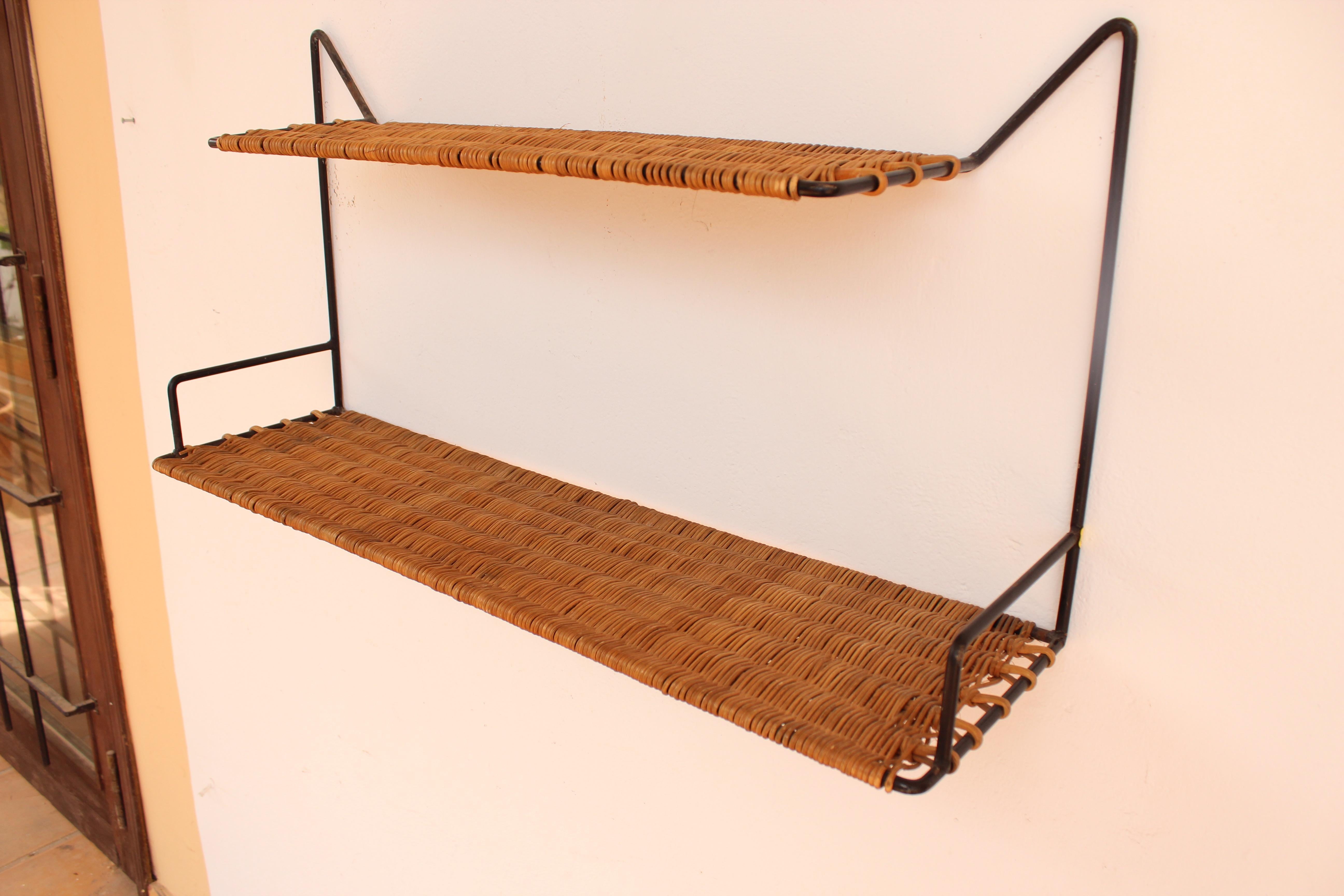 Wicker and Black Metal Shelf by Raoul Guys, France, 1950 3