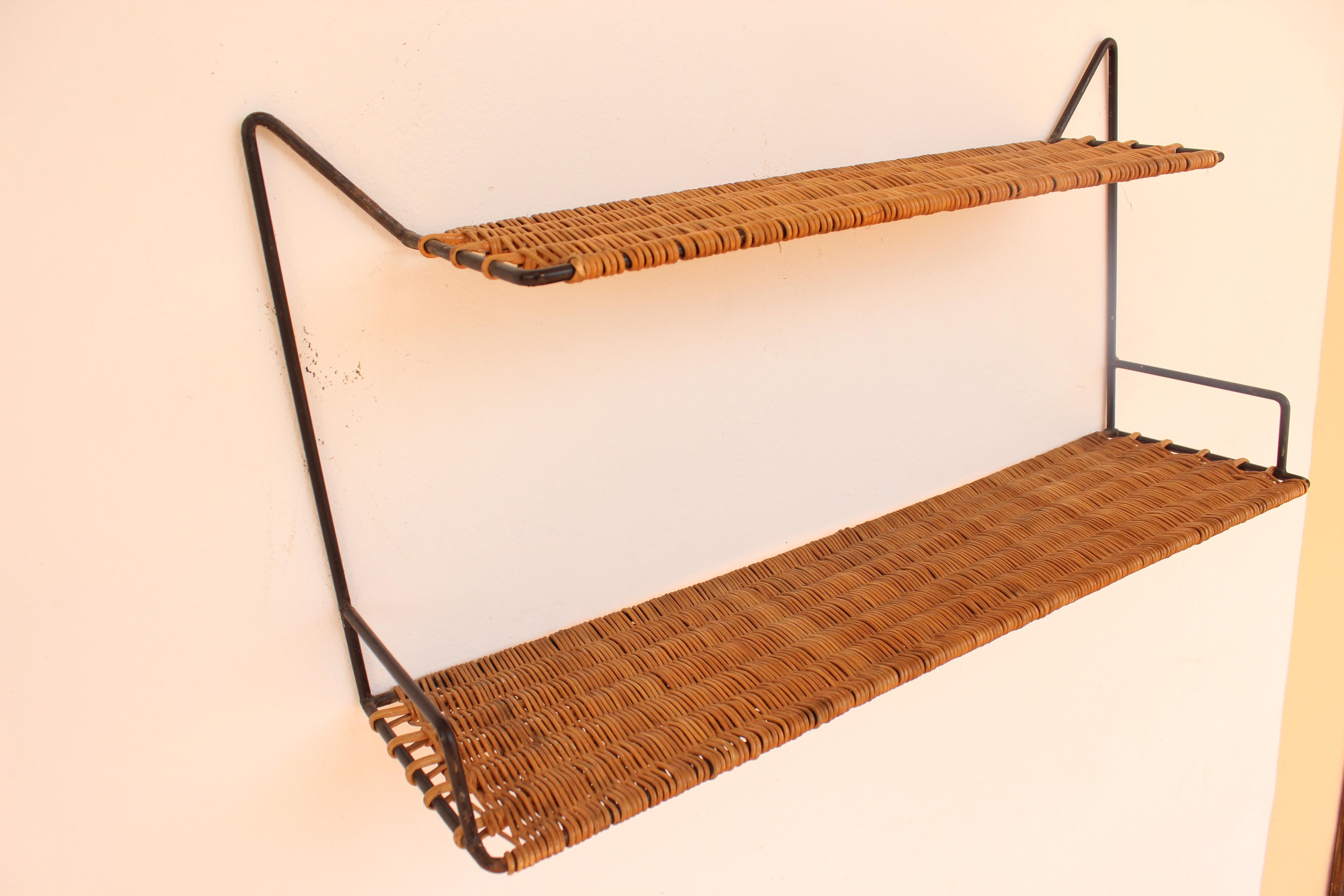 Wicker and Black Metal Shelf by Raoul Guys, France, 1950 4
