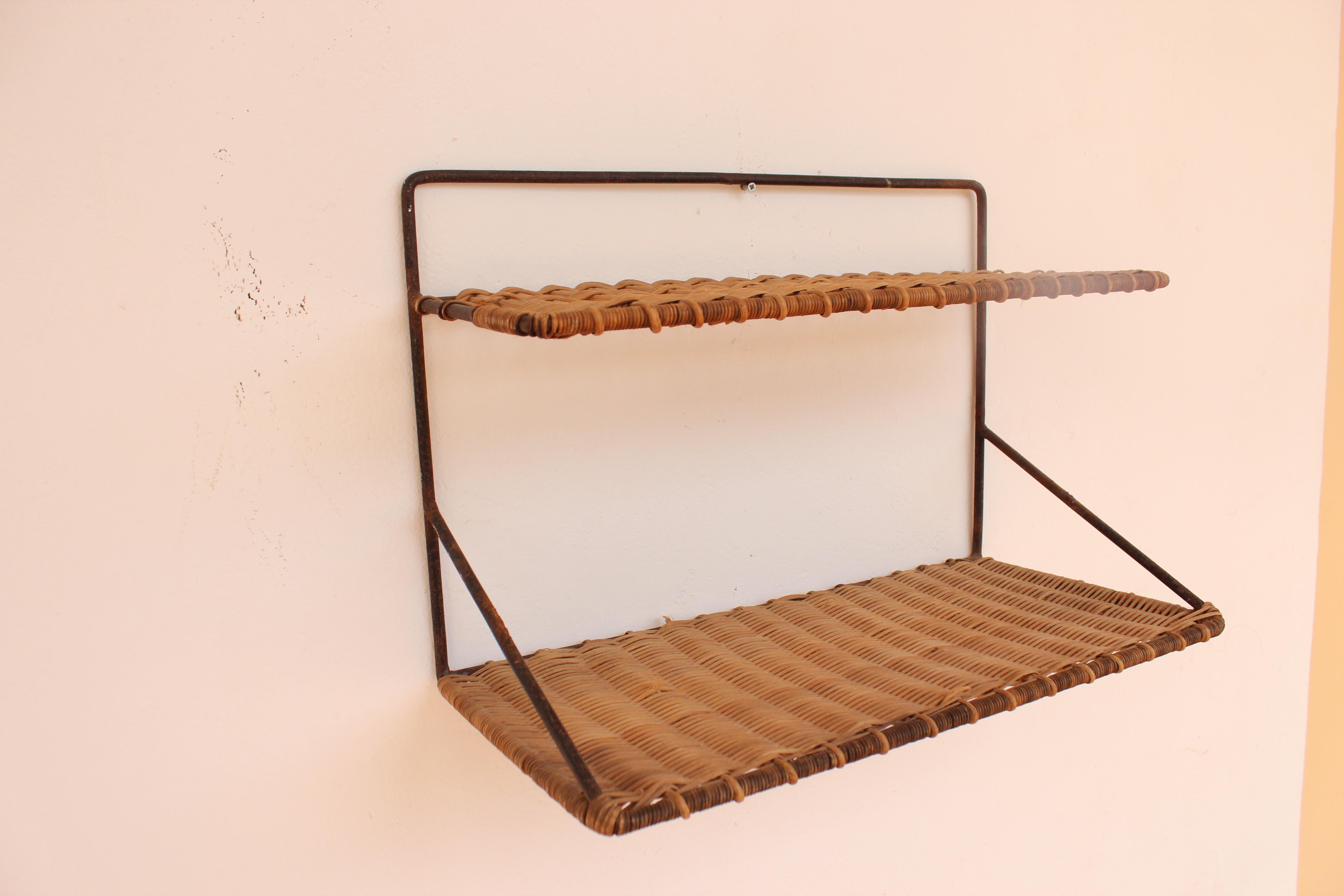 Mid-Century Modern Wicker and Black Metal Shelf by Raoul Guys, France, 1950