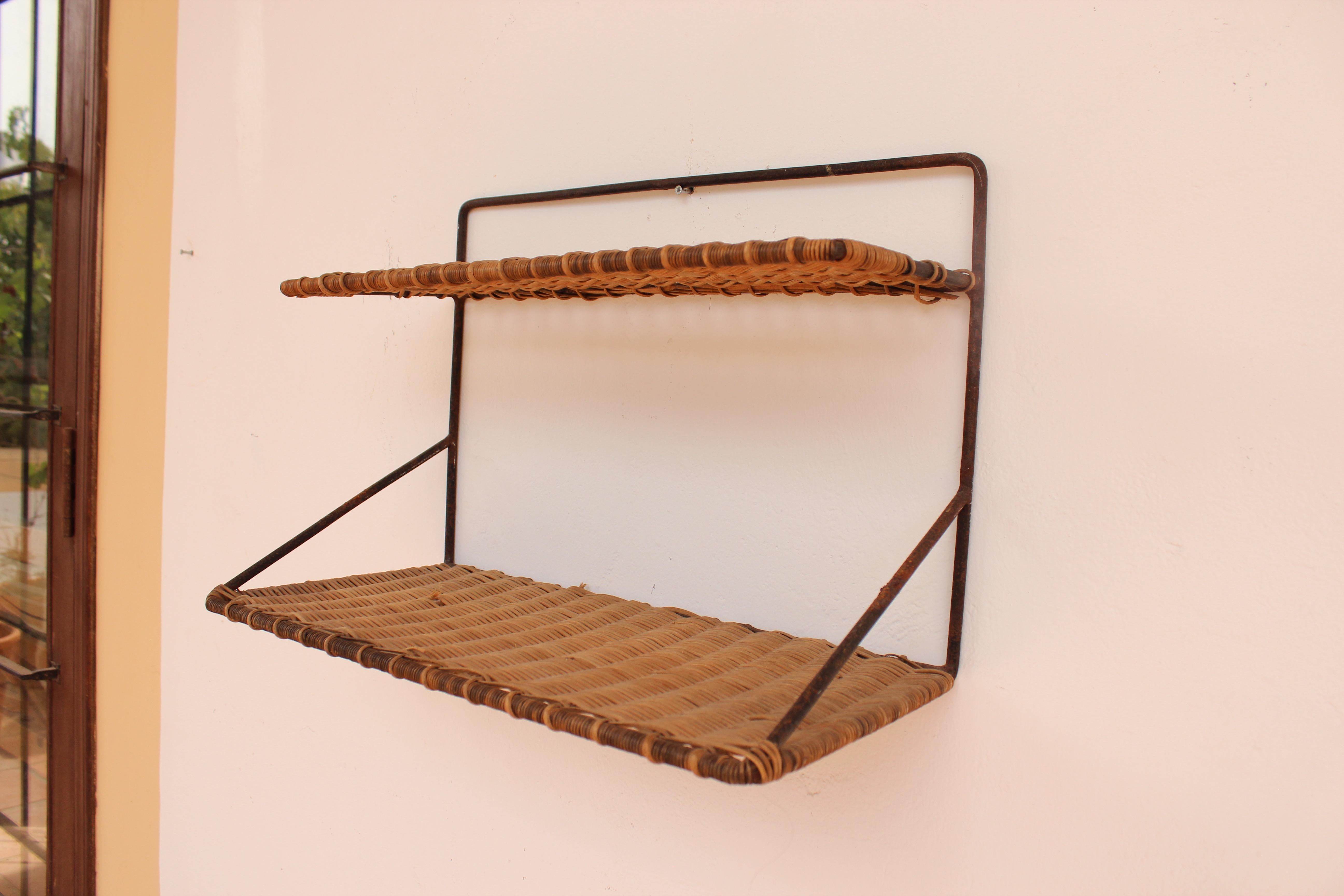 French Wicker and Black Metal Shelf by Raoul Guys, France, 1950