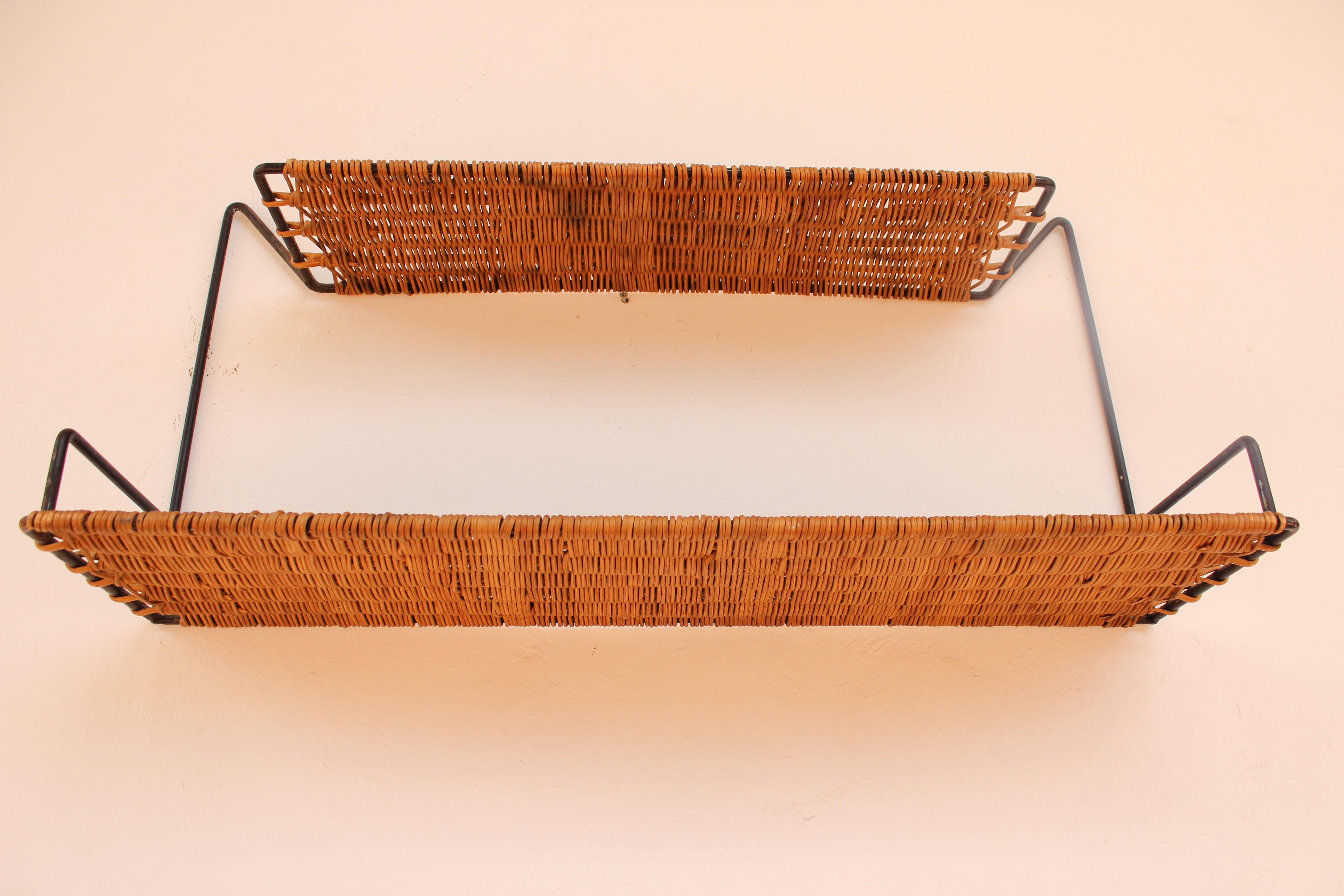 Mid-20th Century Wicker and Black Metal Shelf by Raoul Guys, France, 1950