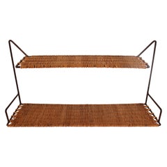 Wicker and Black Metal Shelf by Raoul Guys, France, 1950