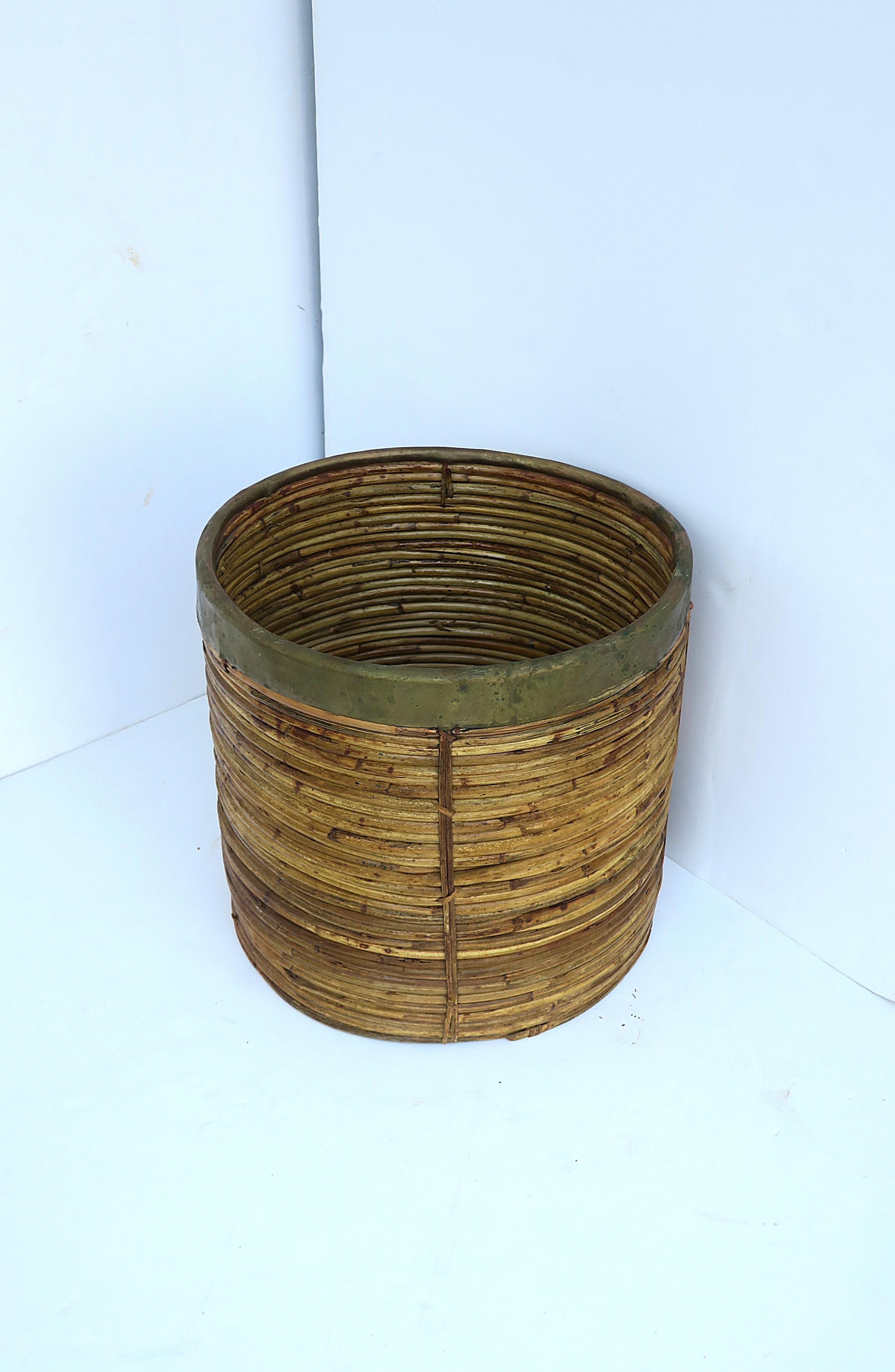 Wicker and Brass Cachepot or Wastebasket For Sale 4