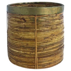 Wicker and Brass Cachepot or Wastebasket Crespi Style