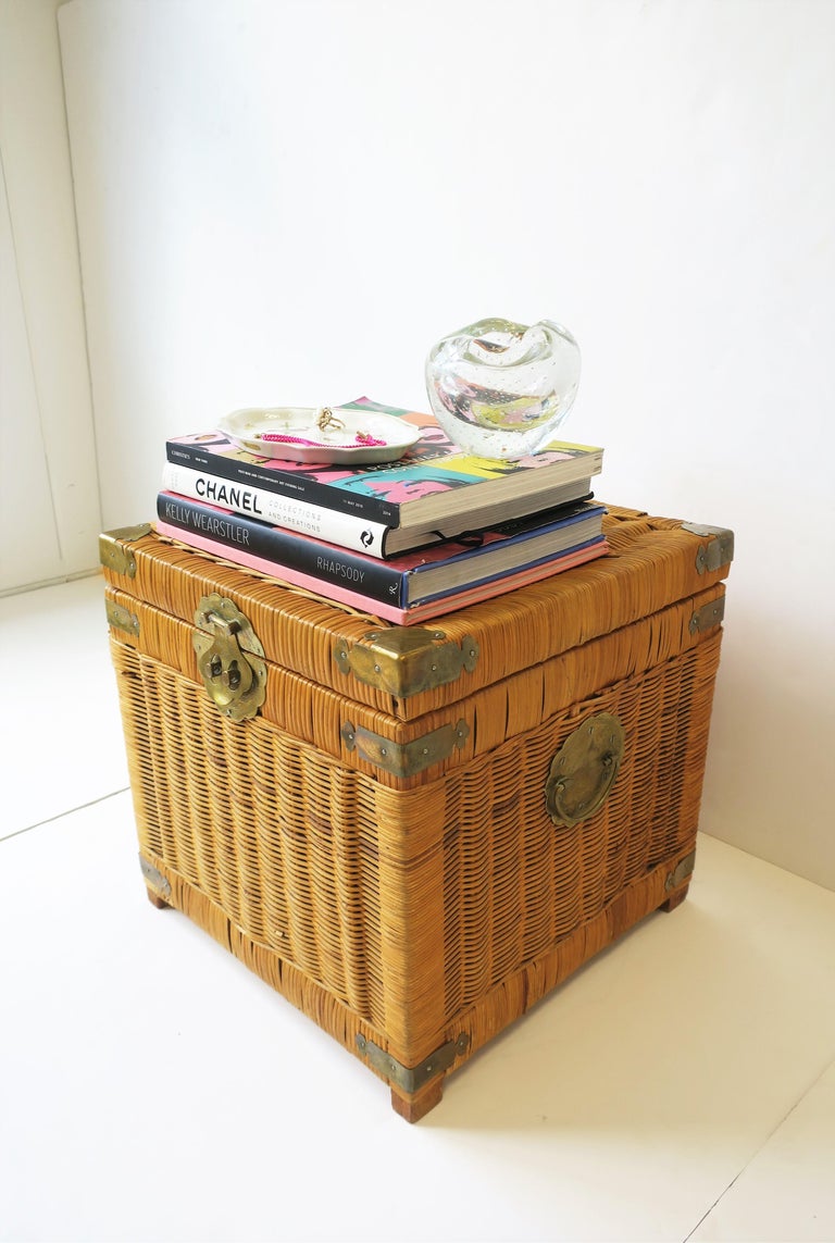Wicker and Brass End Table with Storage at 1stDibs