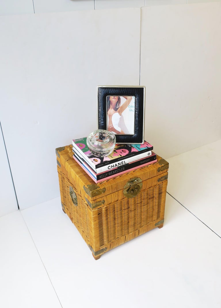 Wicker and Brass End Table with Storage at 1stDibs