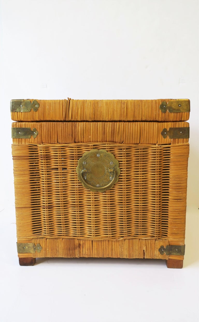 Wicker and Brass End Table with Storage at 1stDibs