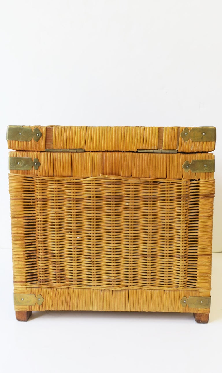 Wicker and Brass End Table with Storage at 1stDibs