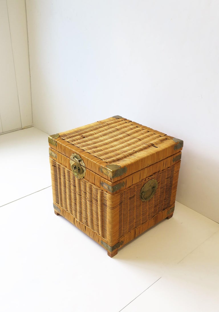 Wicker and Brass End Table with Storage at 1stDibs