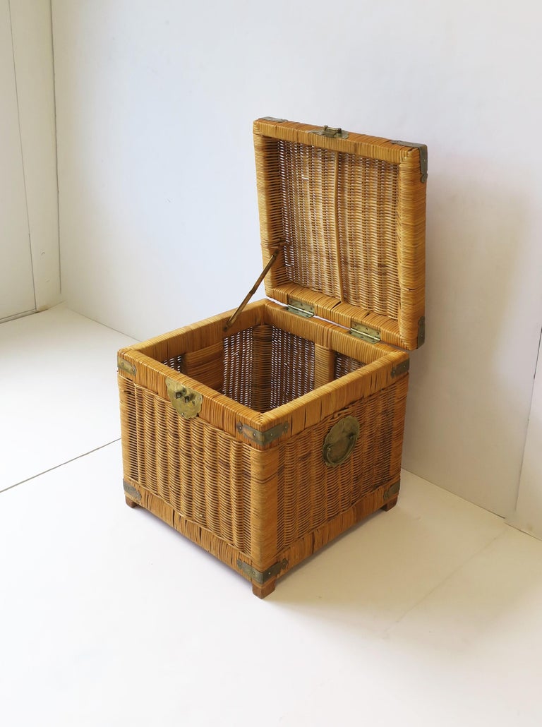 Wicker and Brass End Table with Storage at 1stDibs