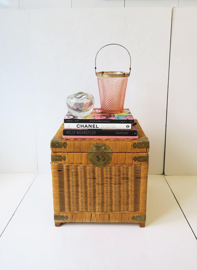 Wicker and Brass End Table with Storage at 1stDibs