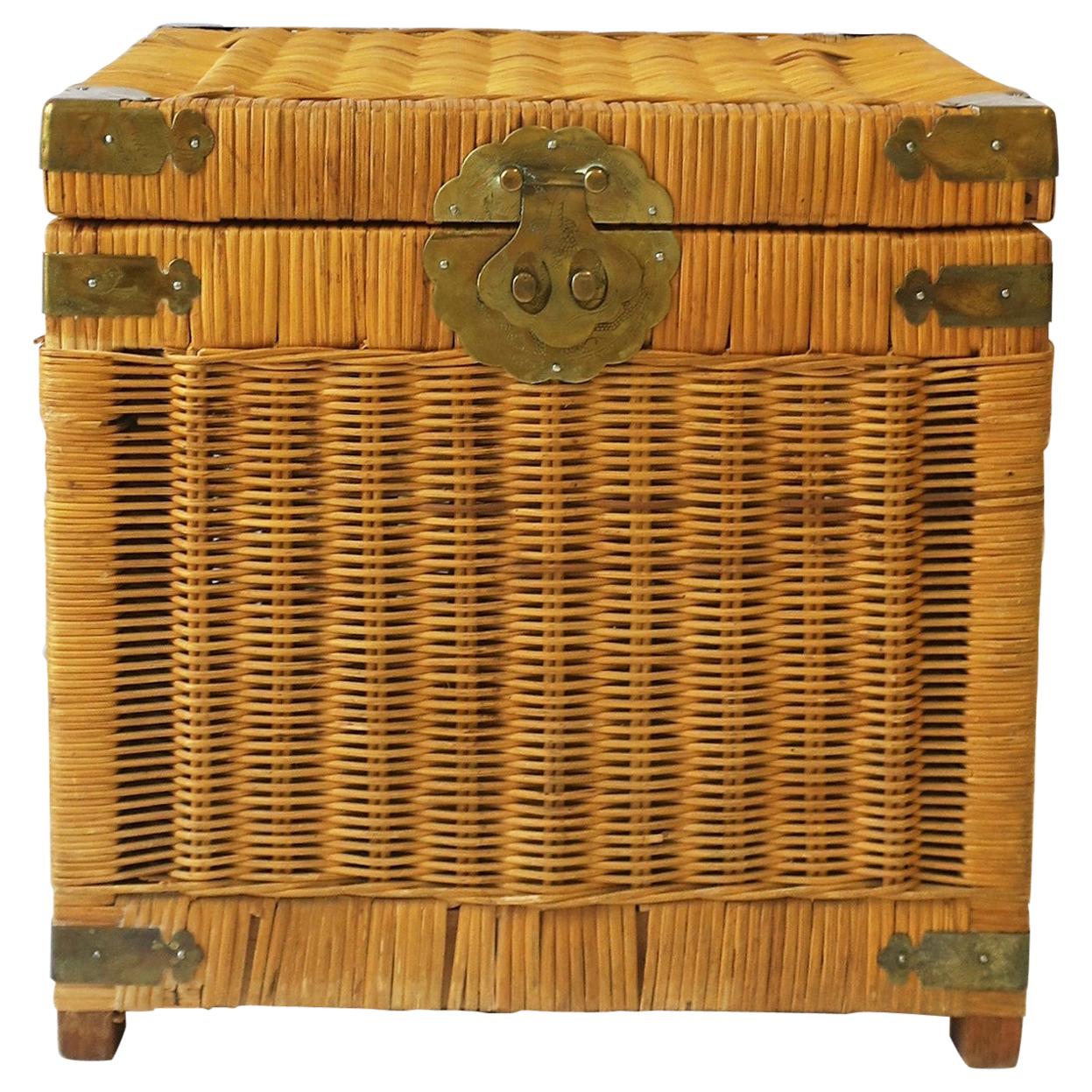 Wicker and Brass End Table with Storage