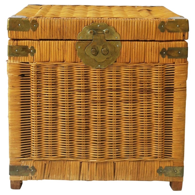 Wicker and Brass End Table with Storage at 1stDibs
