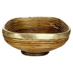 Wicker and Brass Fruit Basket or Catchall, France, 1960s