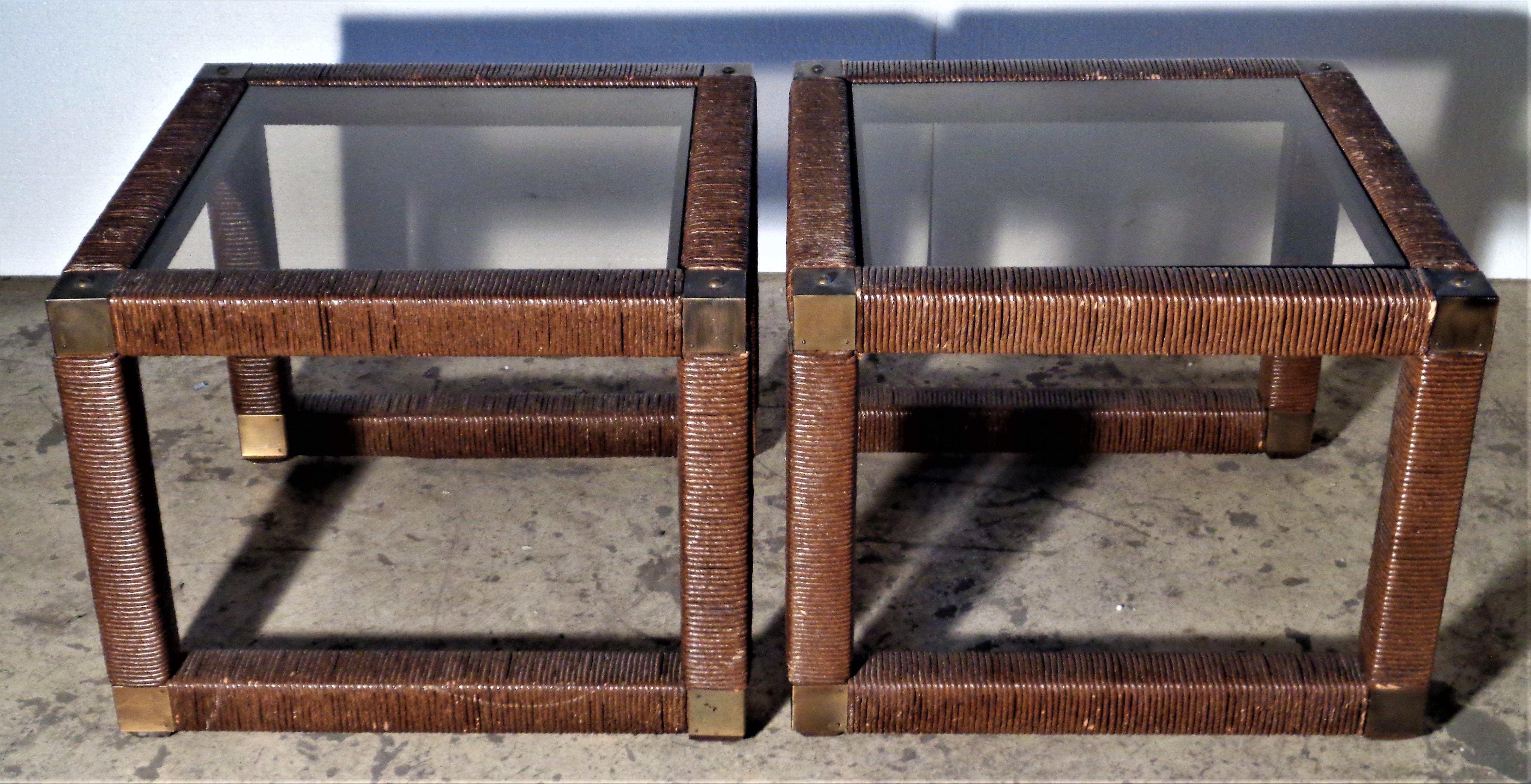 Hand-Crafted Wicker & Brass Cube Tables, circa 1960 For Sale
