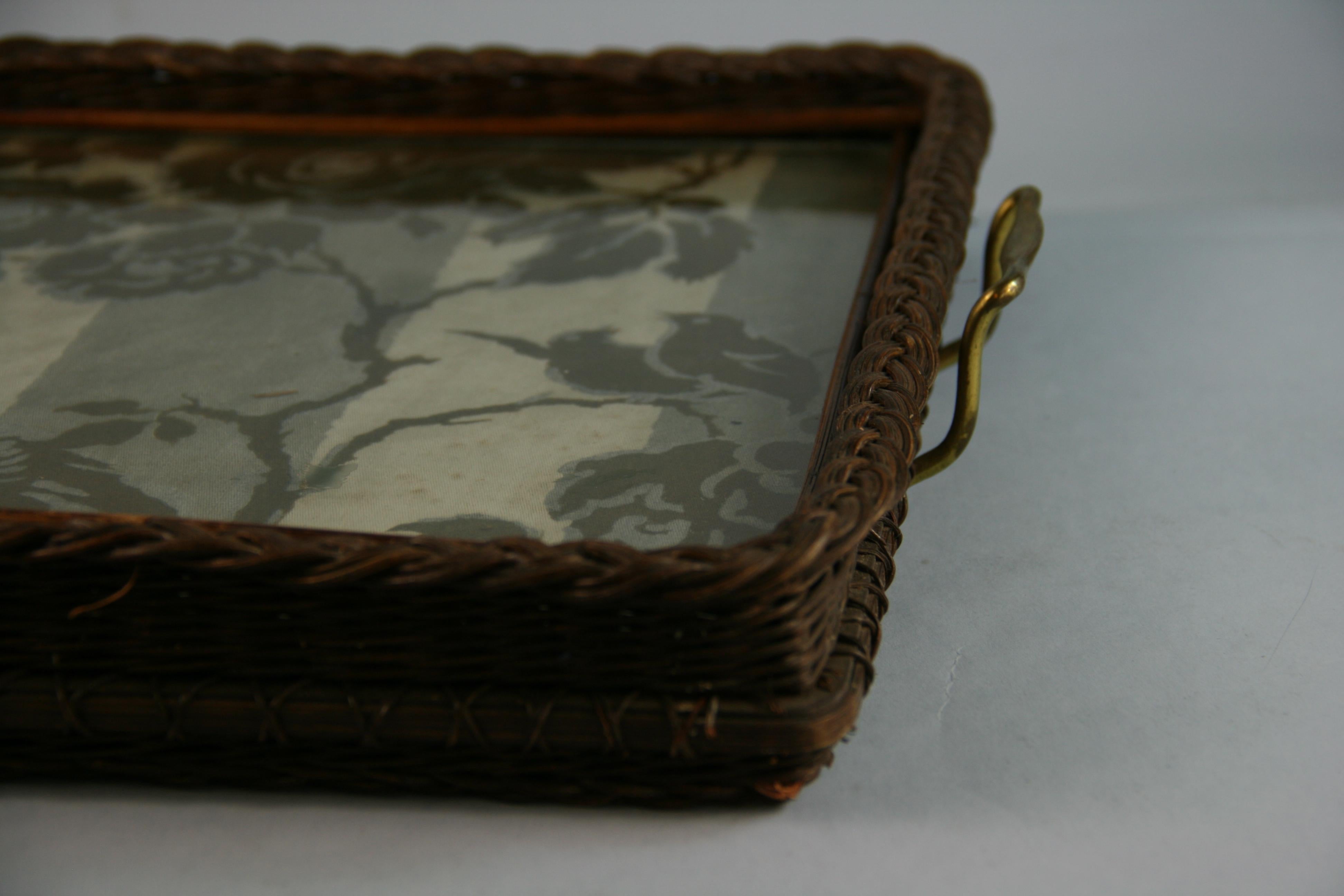 Wicker and Brass Serving Tray 1940's 1