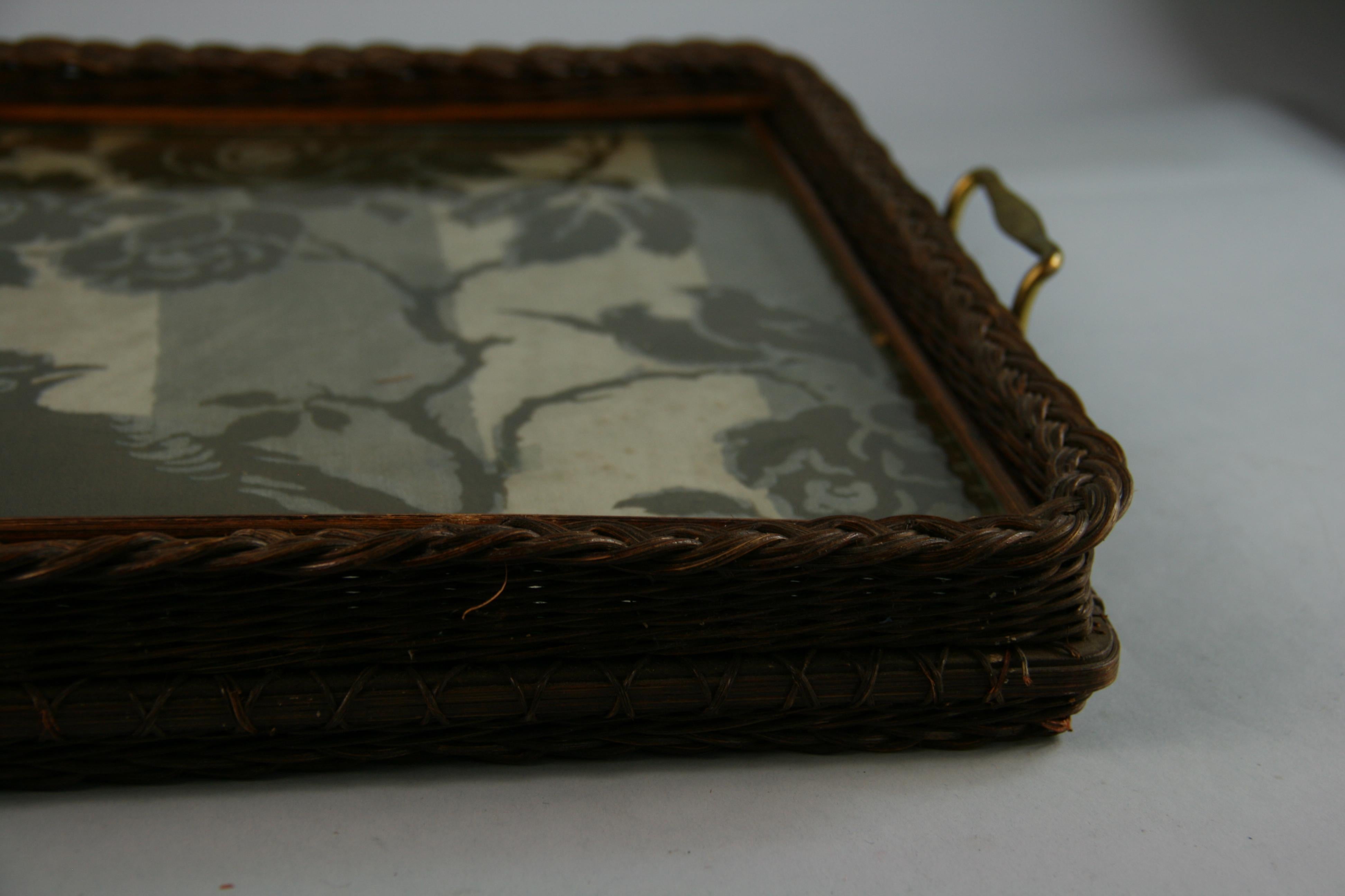Wicker and Brass Serving Tray 1940's 2