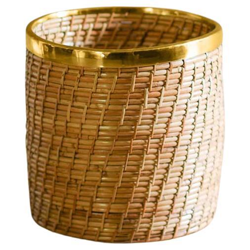 Wicker and brass vase holder 1980s For Sale