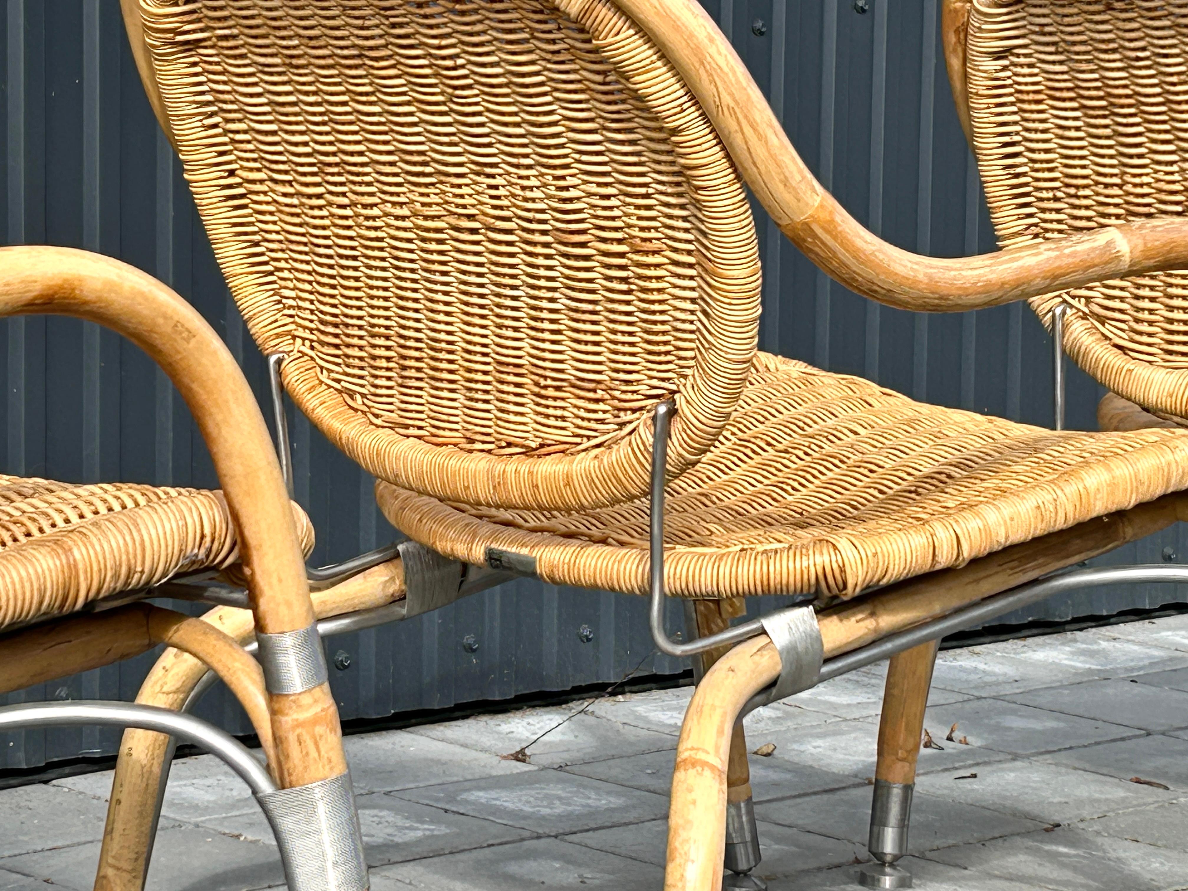 Steel wicker and brushed steel armchair designed by Mats Theselius for Ikea  For Sale