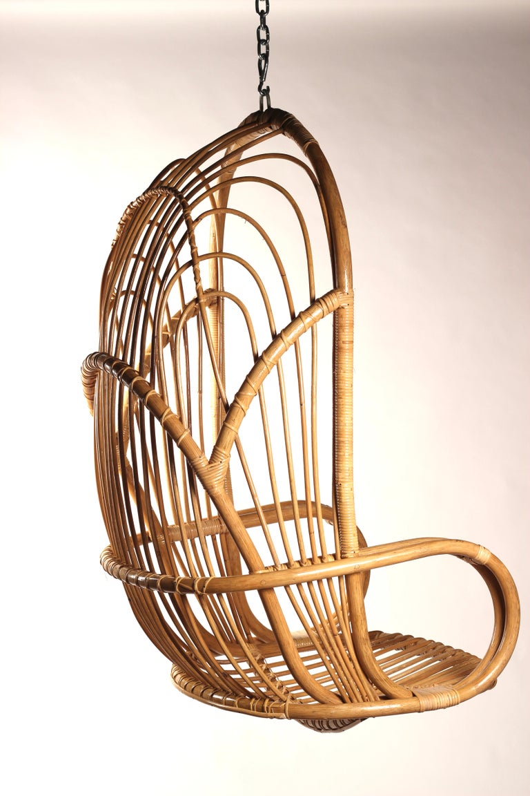 Metal Boho Chic Style 1960’s Wicker and Cane Hanging Chair by Rohe Noordwolde For Sale