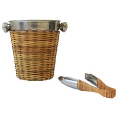 Wicker and Chrome Ice Bucket with Tongs