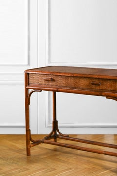 Wicker and dark rush desk with drawer, Italy 1980