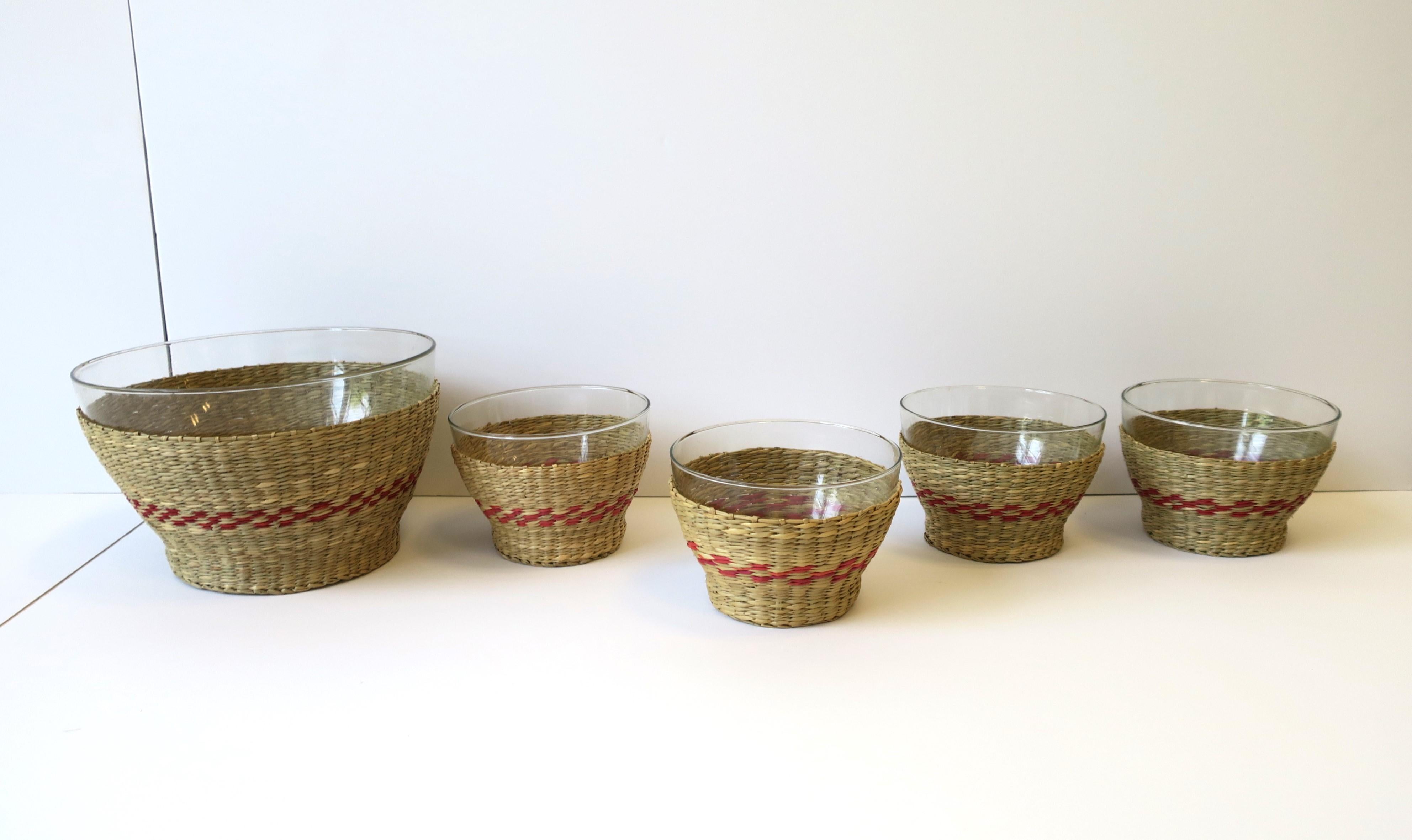 American Classical Wicker and Glass Bowls, Set of 5