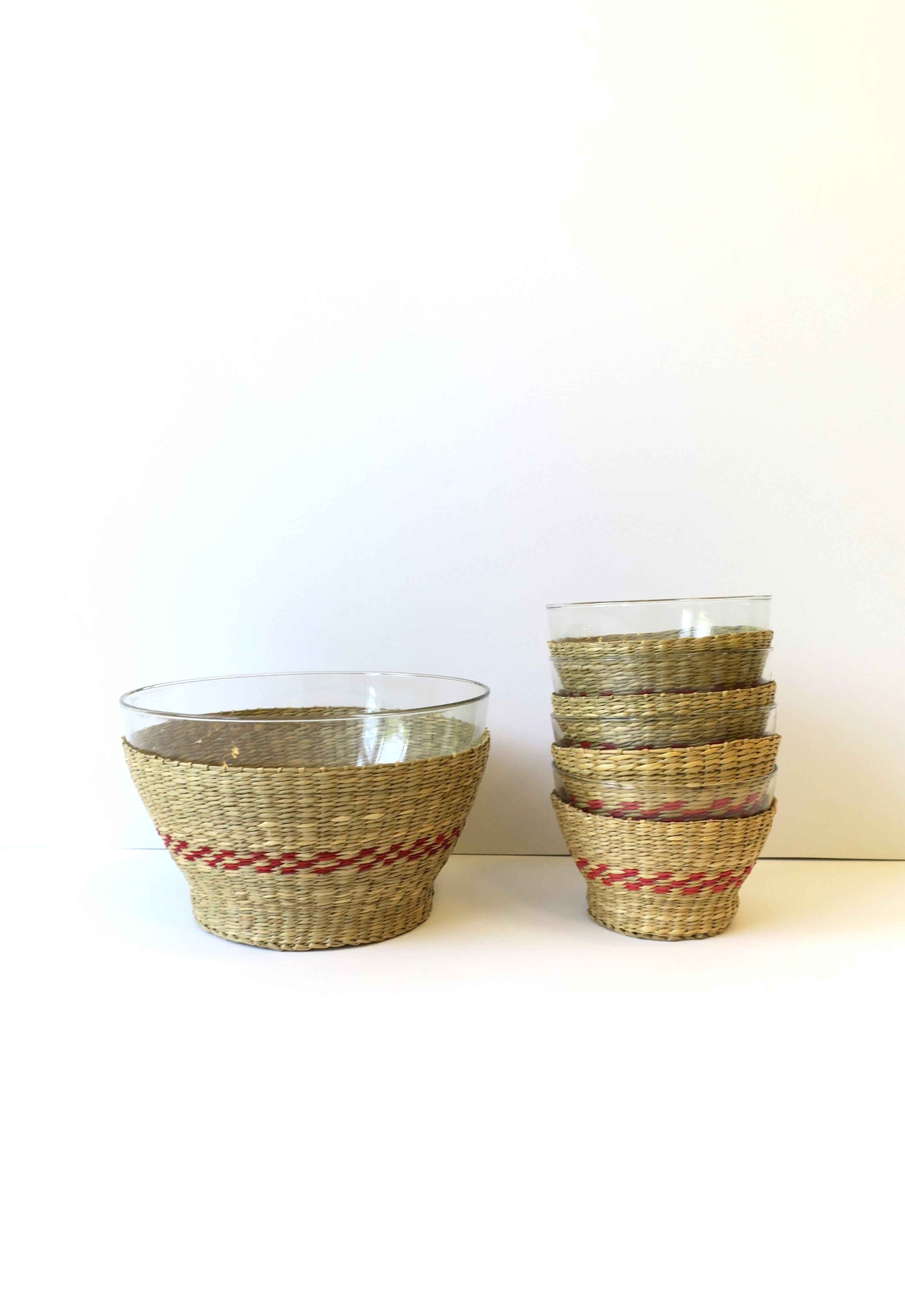 Wicker and Glass Bowls, Set of 5 In Excellent Condition In New York, NY