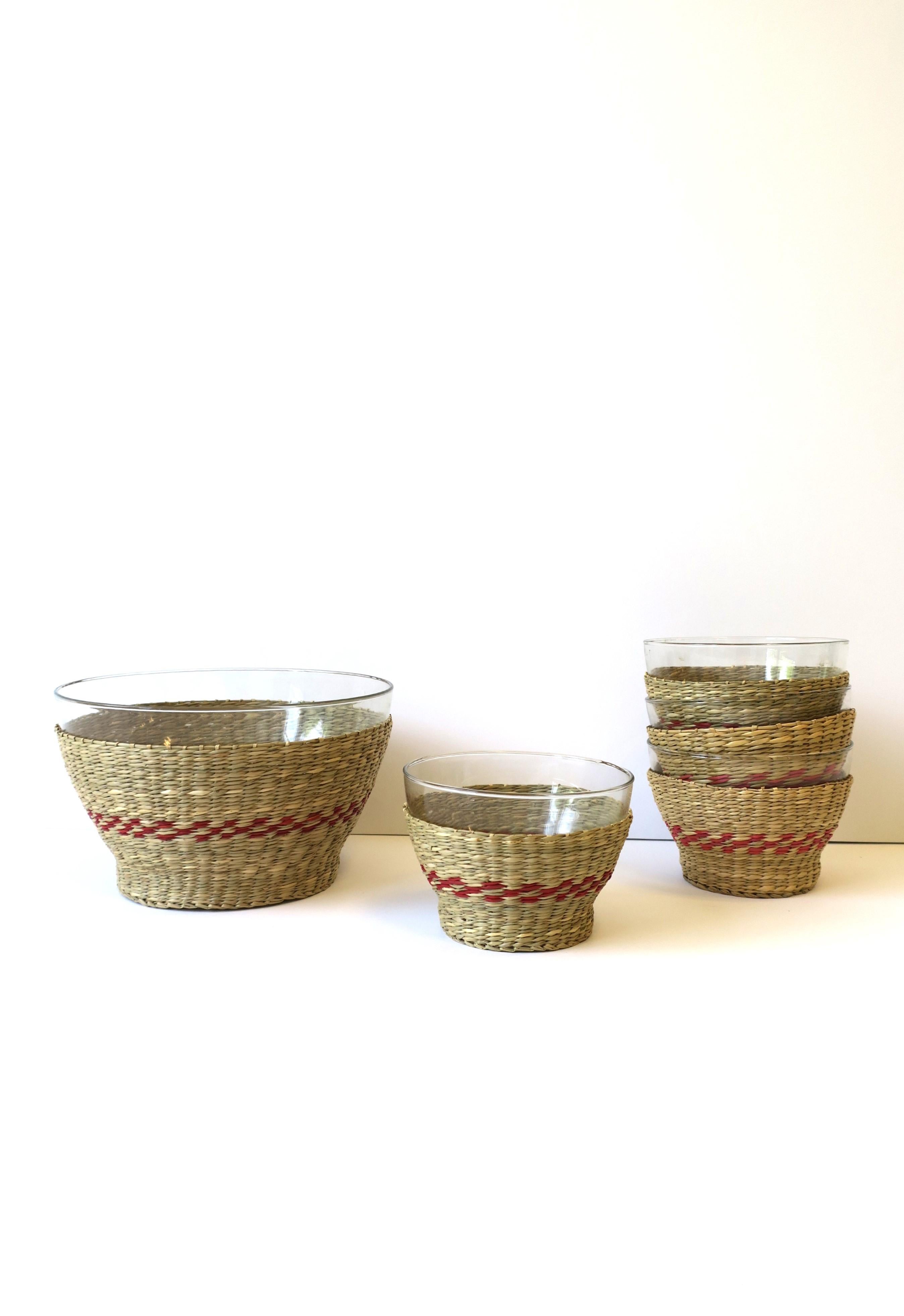 Contemporary Wicker and Glass Bowls, Set of 5