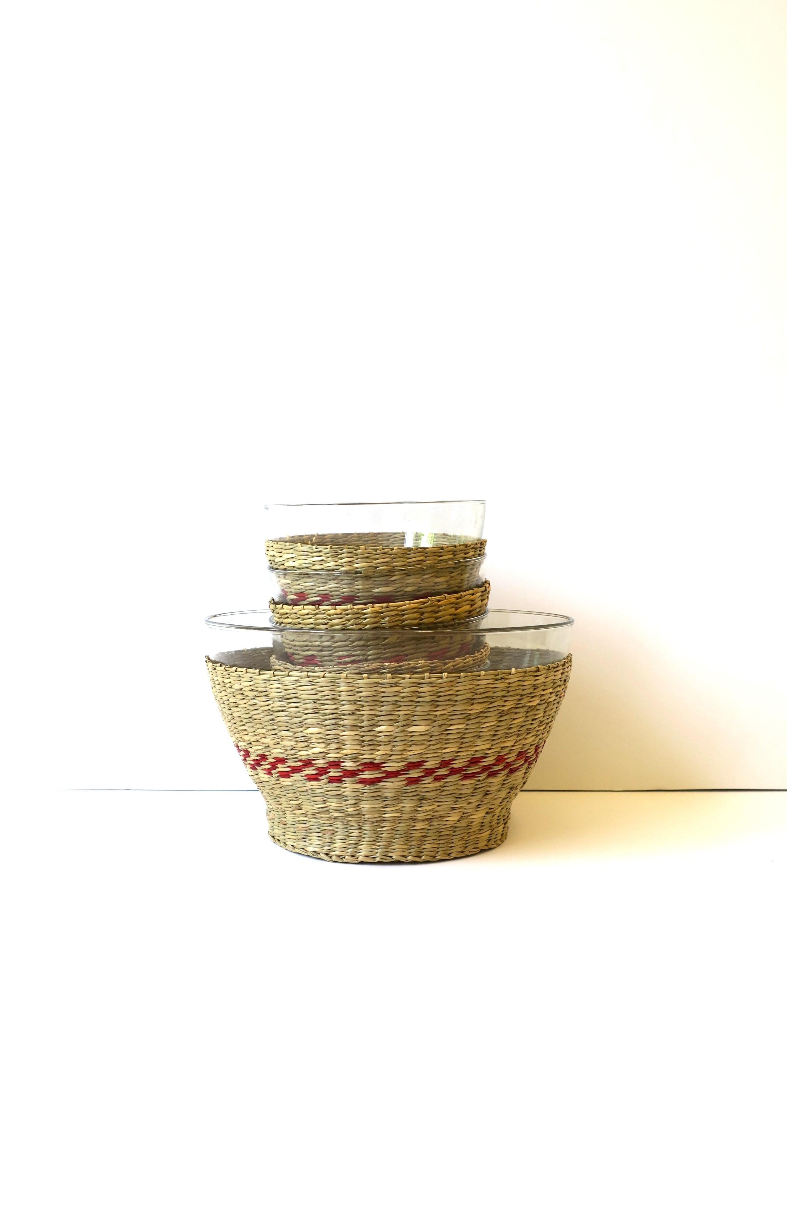Wicker and Glass Bowls, Set of 5 1
