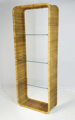 Wicker and Glass Etagere Bookcase Display Shelf by Founders, Mid Century Modern