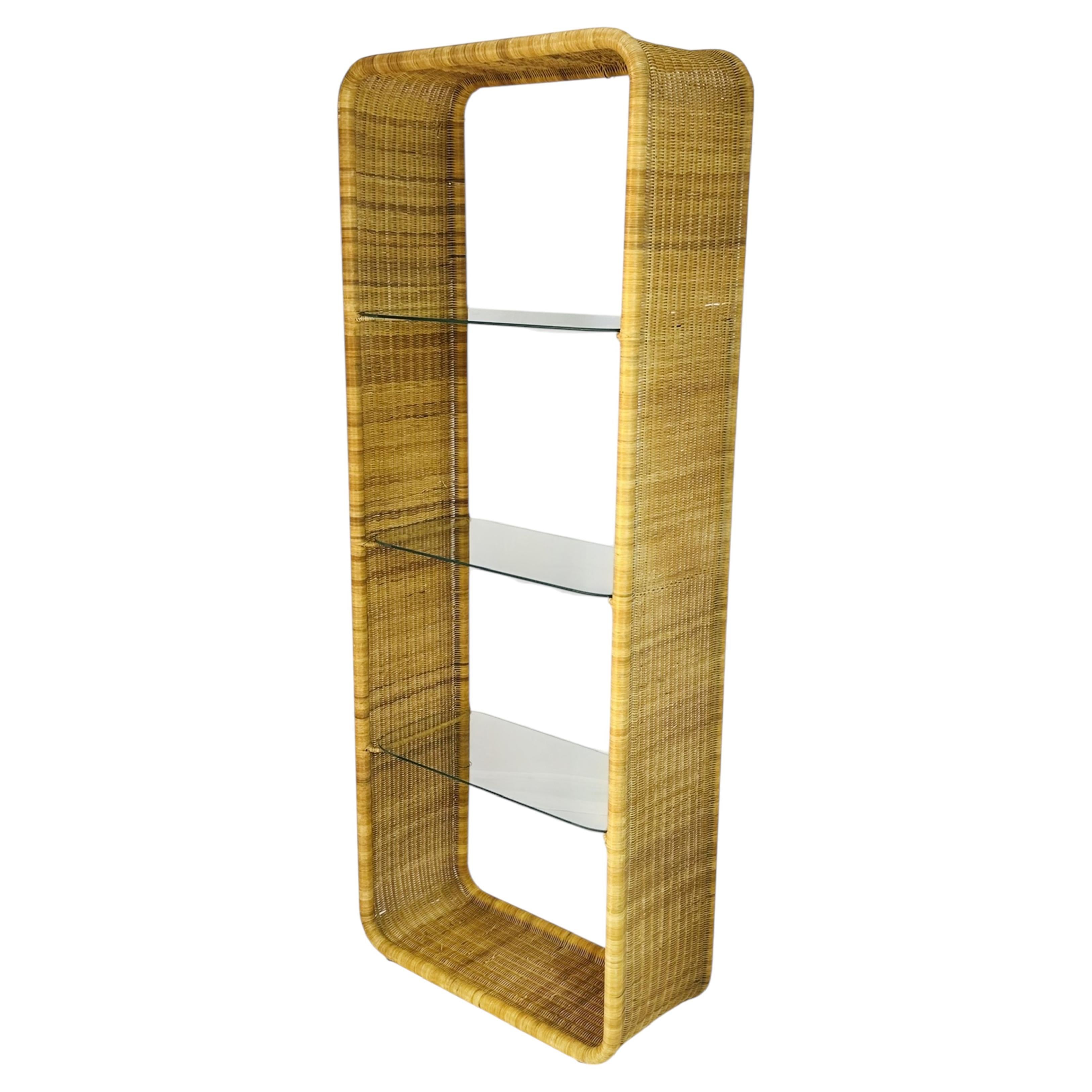 Wicker and Glass Etagere Bookcase Display Shelf by Founders, Mid Century Modern For Sale
