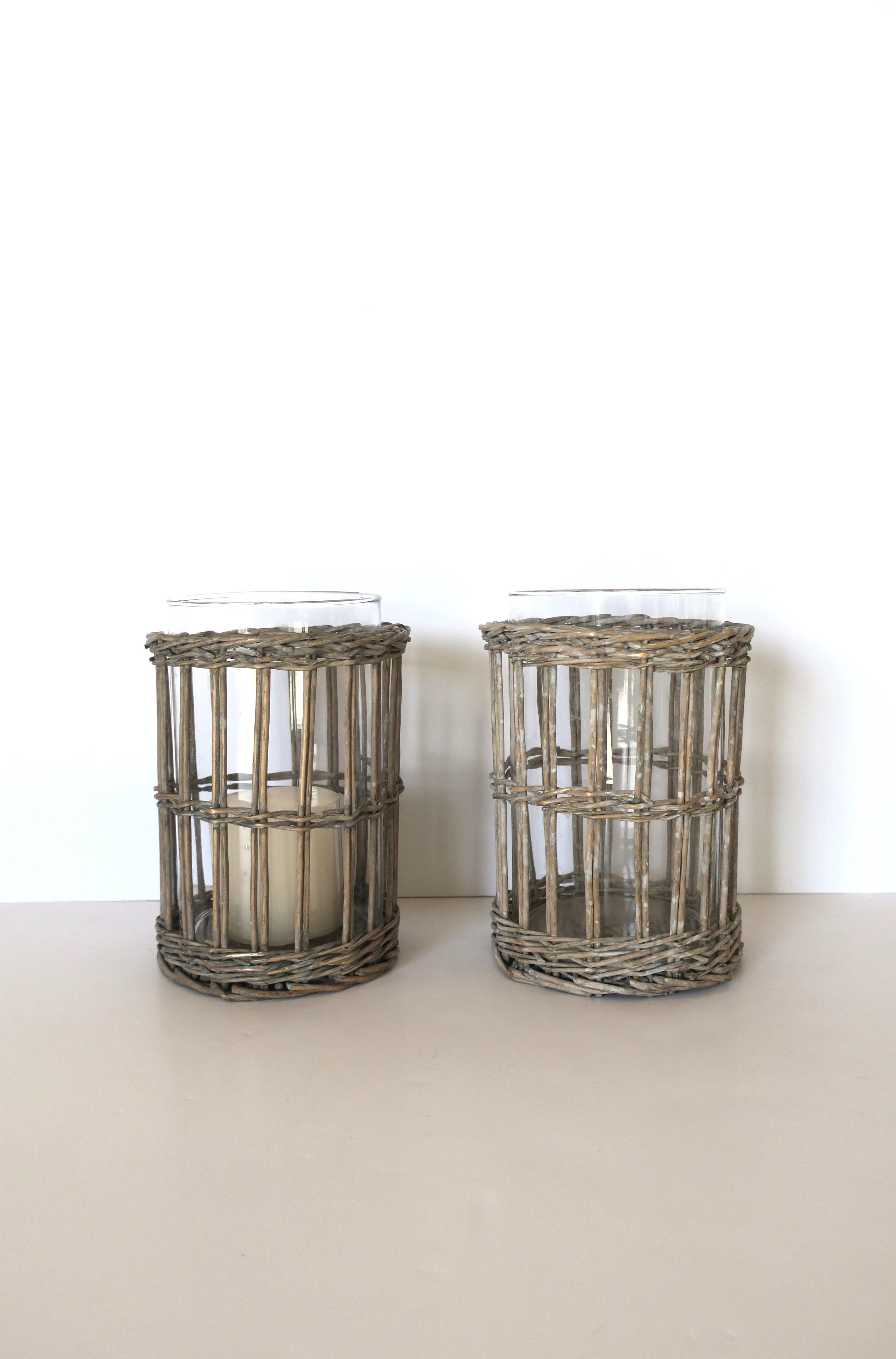 Contemporary Wicker and Glass Hurricane Candle Lamps, Pair For Sale