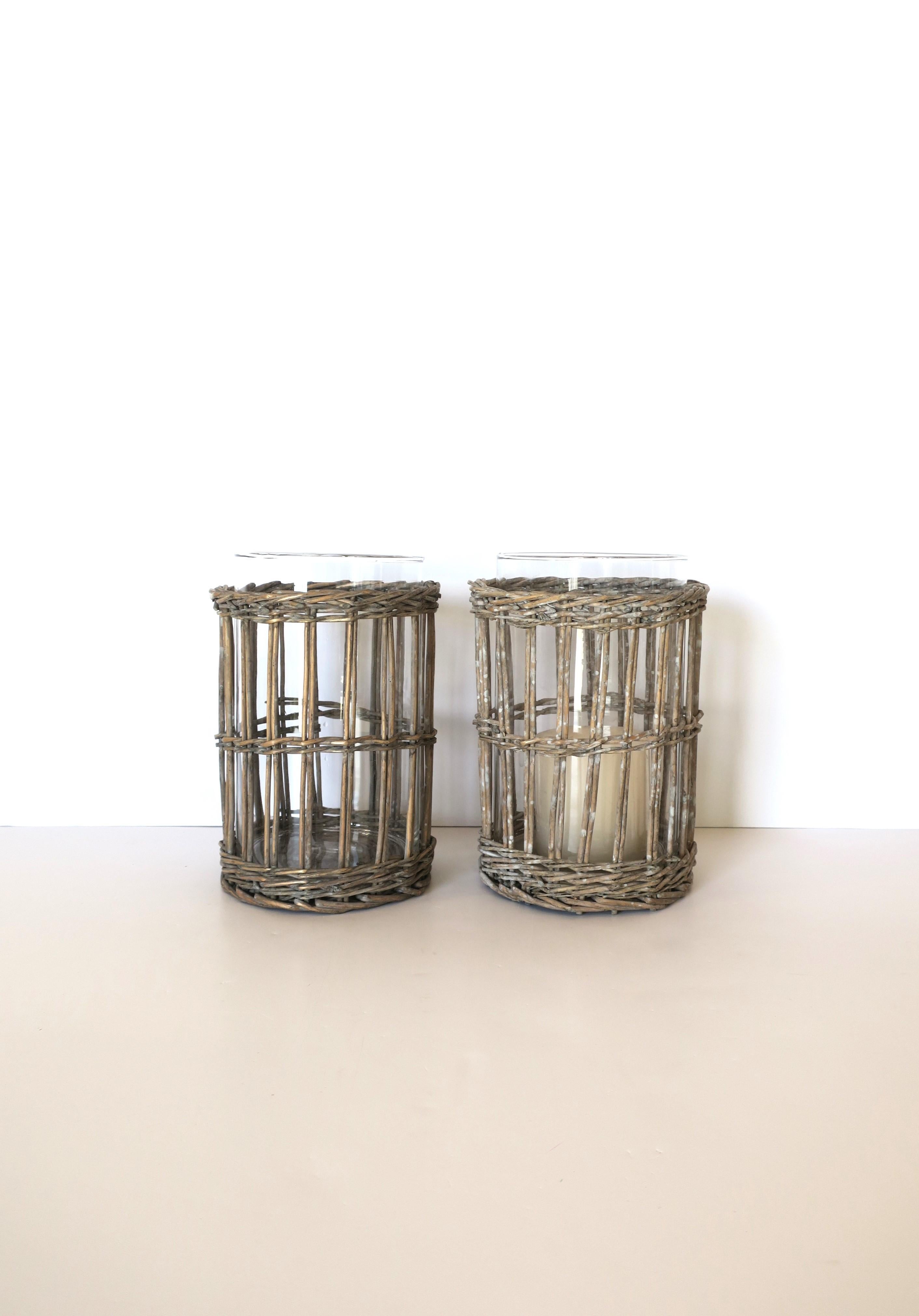 Wicker and Glass Hurricane Candle Lamps, Pair For Sale 1