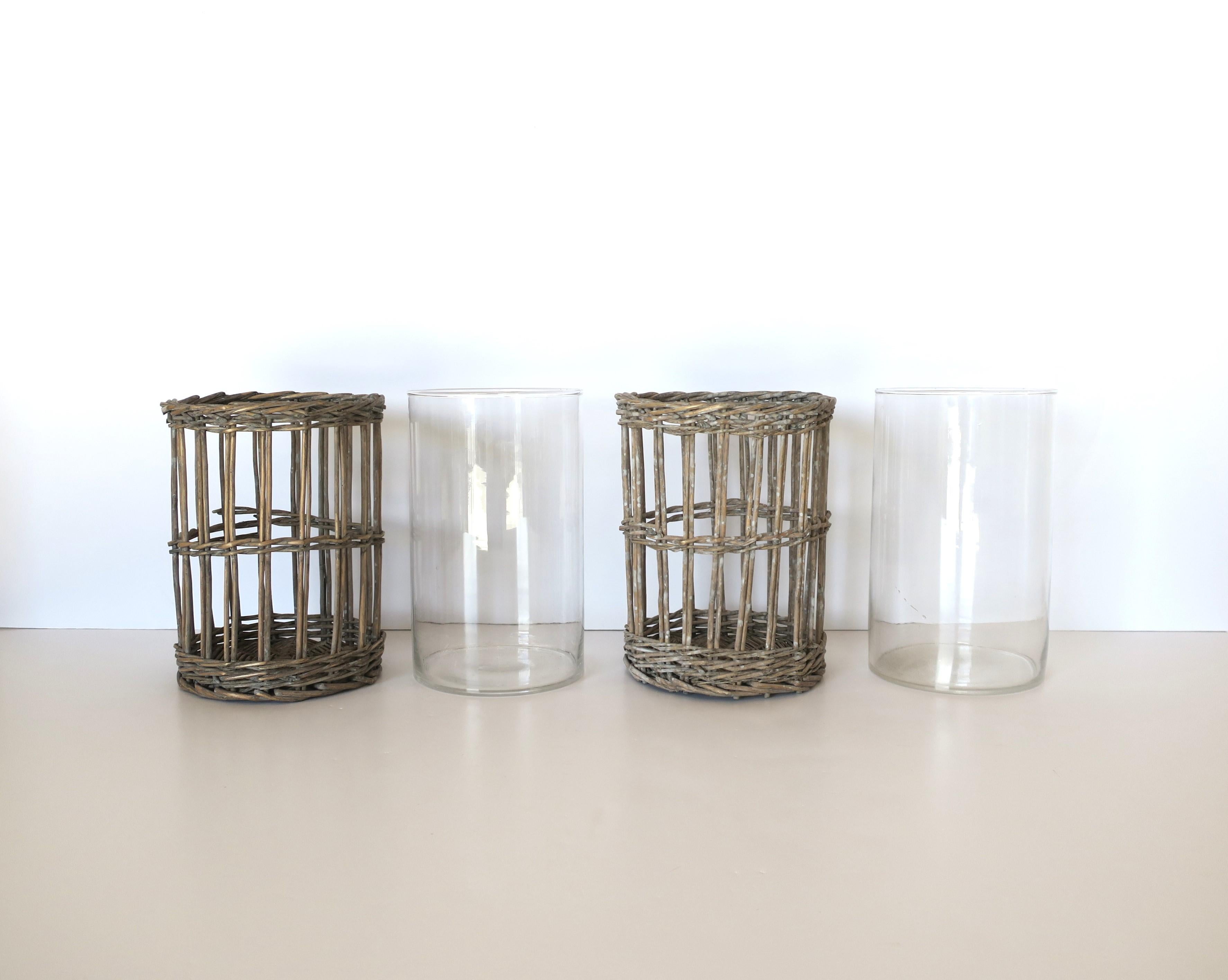 Wicker and Glass Hurricane Candle Lamps, Pair For Sale 2