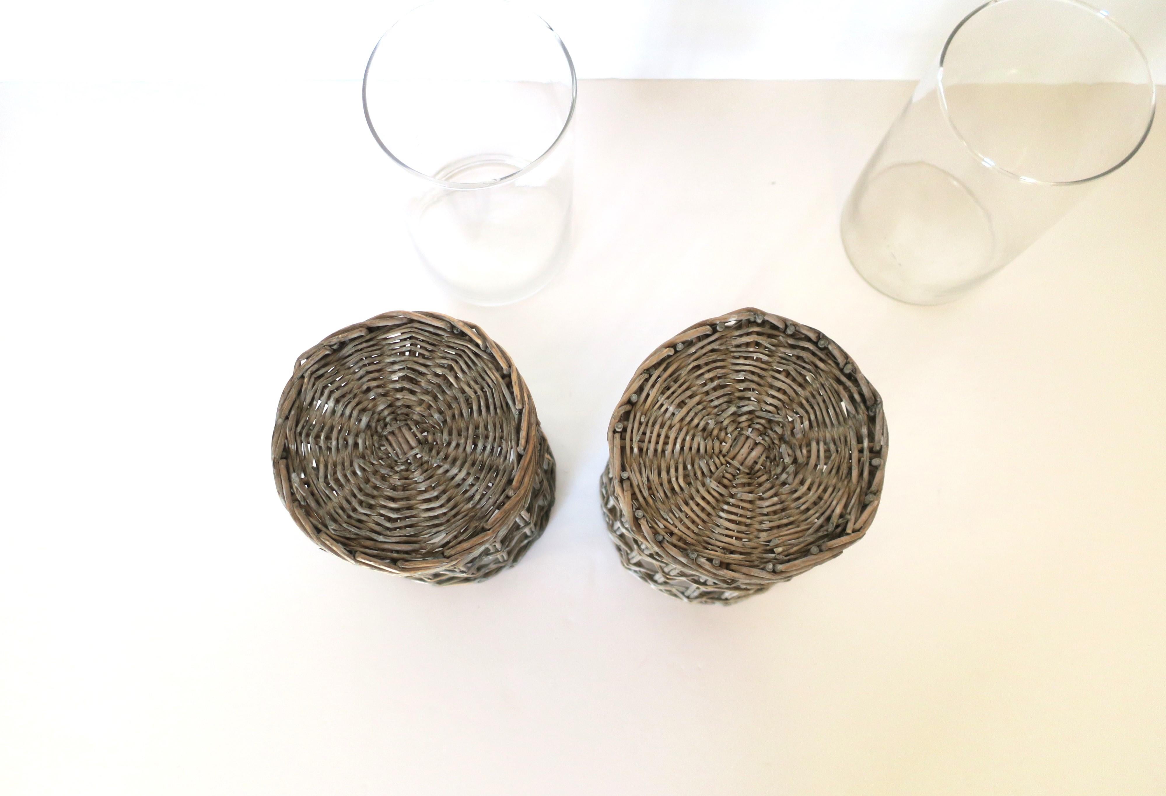 Wicker and Glass Hurricane Candle Lamps, Pair For Sale 3