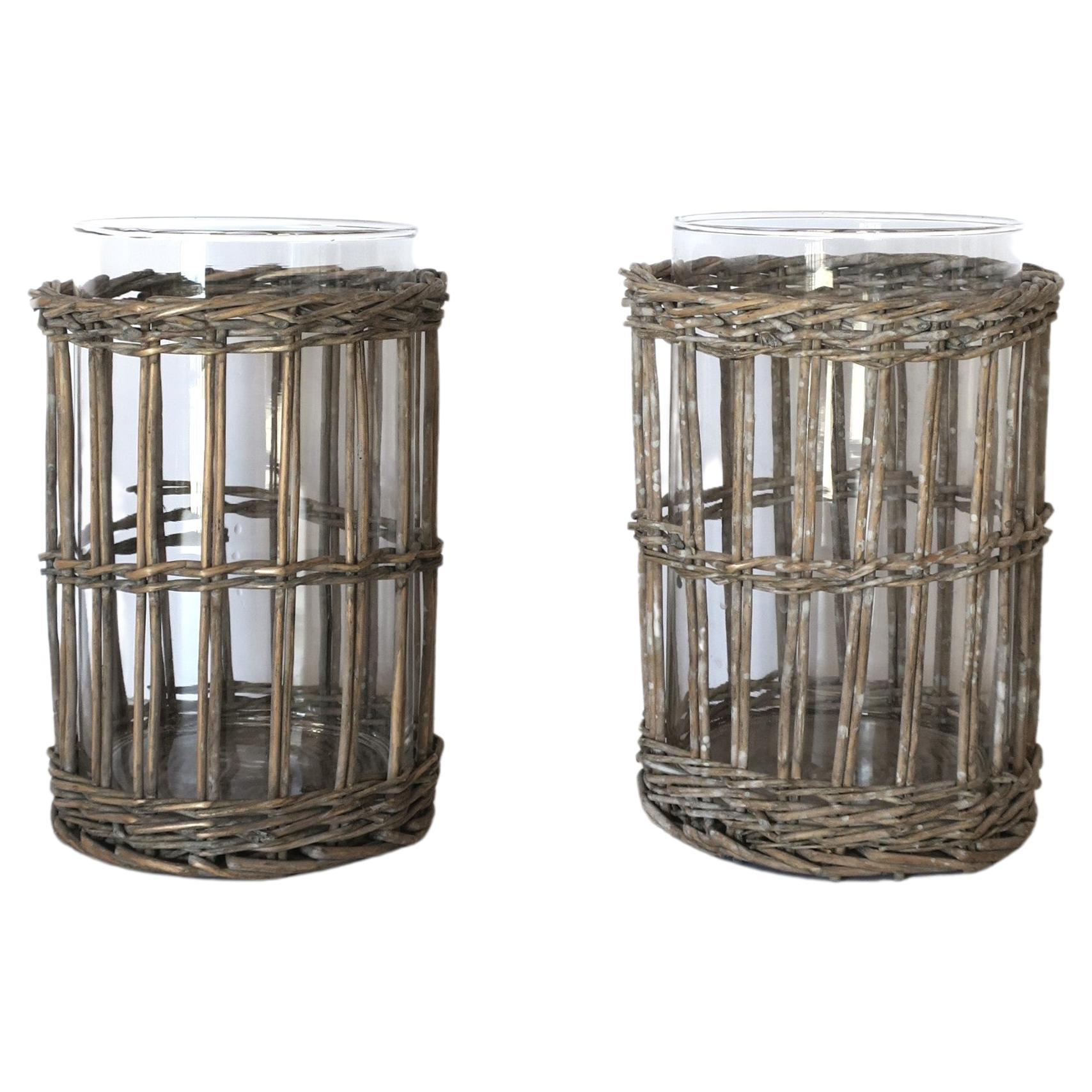 Wicker and Glass Hurricane Candle Lamps, Pair For Sale