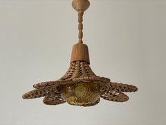 Wicker and Glass Large Pendant Lamp, Germany, 1960s