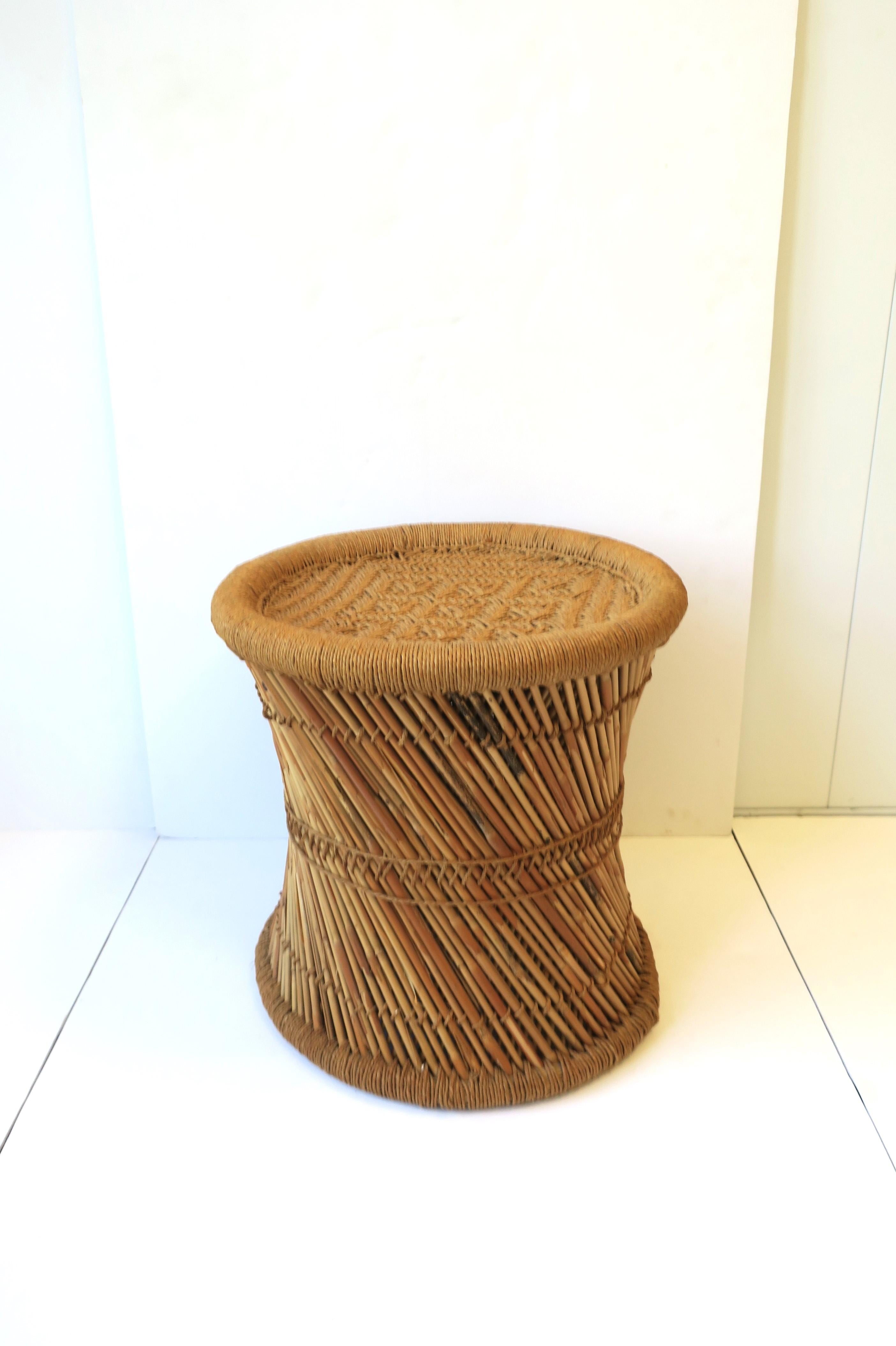 Wicker Pencil Reed Stool or Side Drinks Table with Glass Top For Sale 3