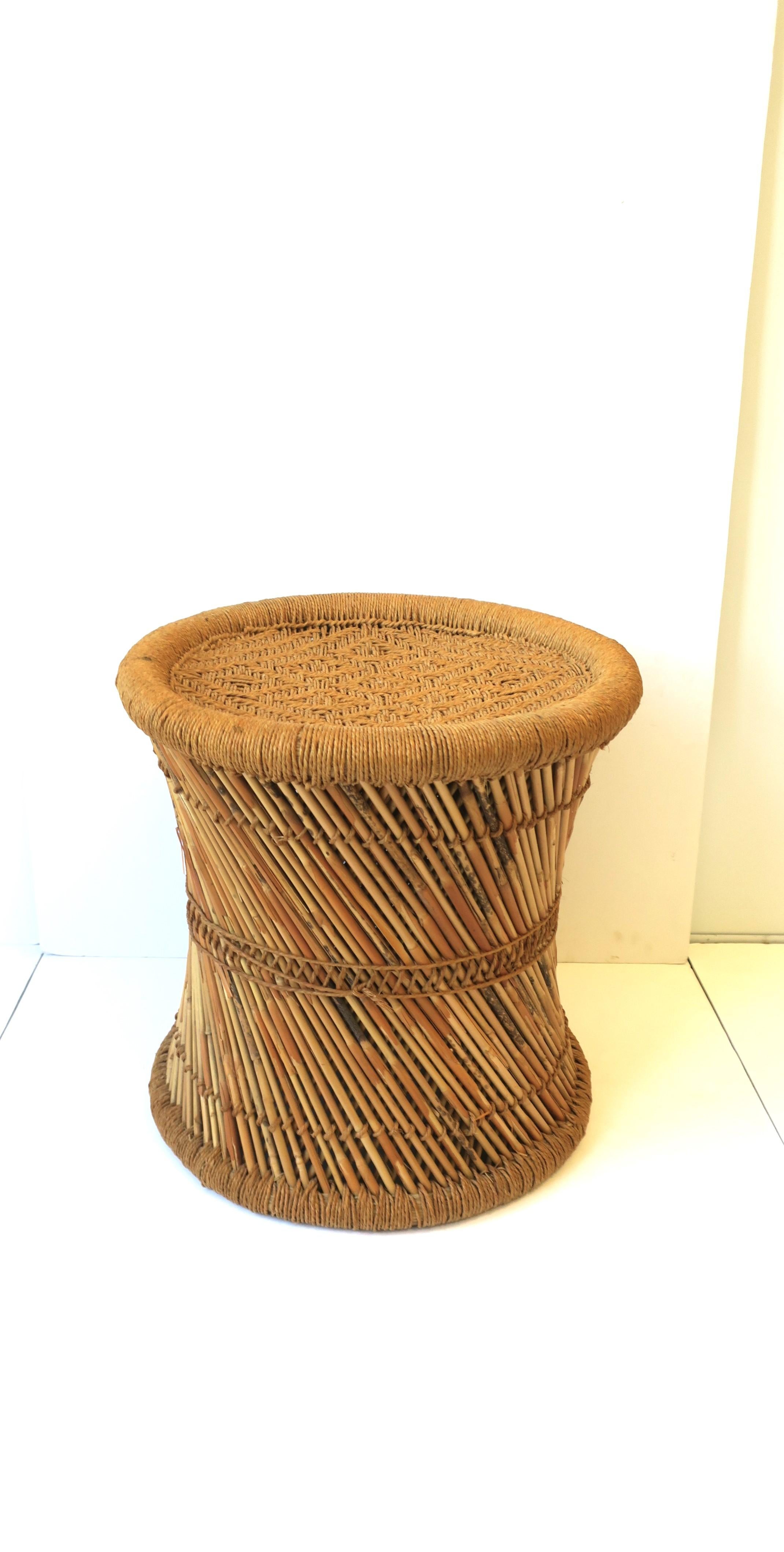 Wicker Pencil Reed Stool or Side Drinks Table with Glass Top For Sale 4