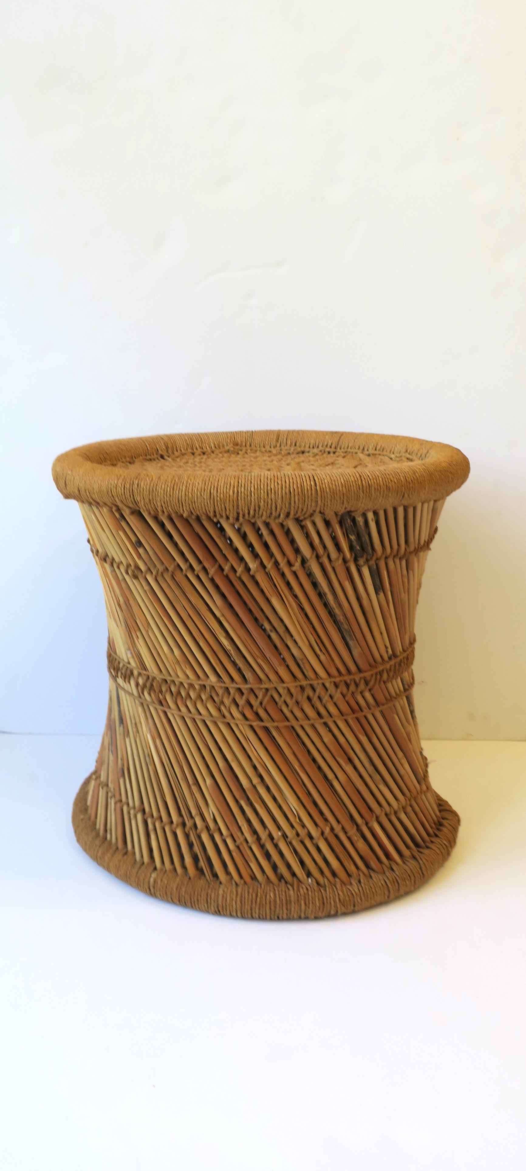 Wicker Pencil Reed Stool or Side Drinks Table with Glass Top For Sale 2